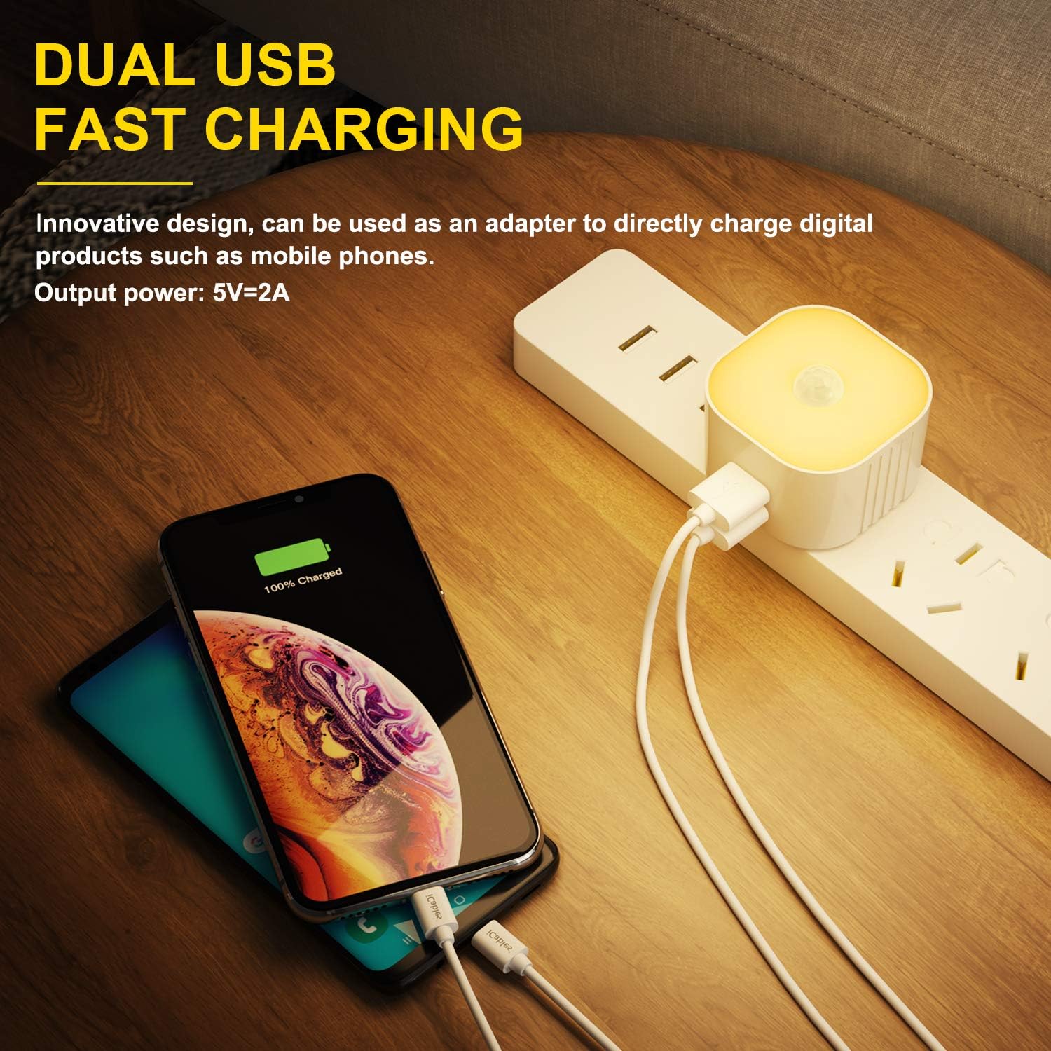 2-Outlet Motion Sensor Night Light 2-Pack, UL Certificated, Warm Light, White