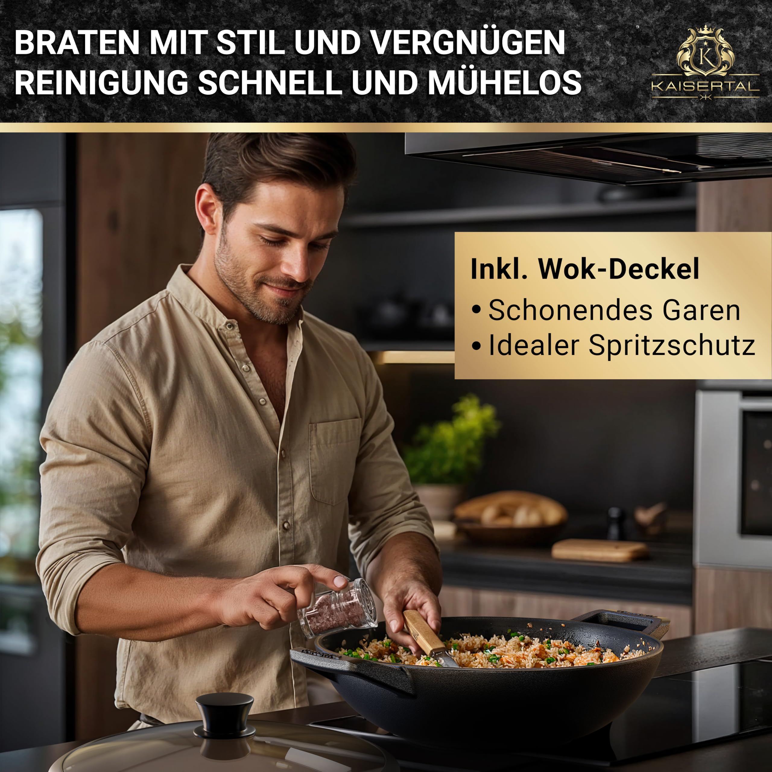 KAISERTAL® Gusseisenpfanne 32cm – Gusspfanne Induktion & Cast Iron Pan – Gusseisen Pfannen für Indoor & Outdoor, Backofengeeignet, voreingebrannt, Robuste Iron Cast Pan für Braten, Schmoren & Grillen