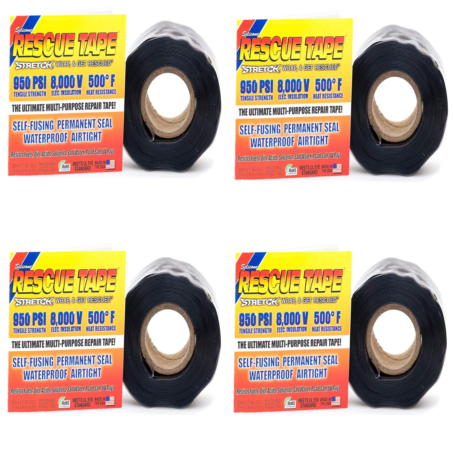 Rescue Tape Self-Fusing Pipe Repair Tape, 12 ft L, 1 in W, 13/64 in Thick, Black - 4 Pack