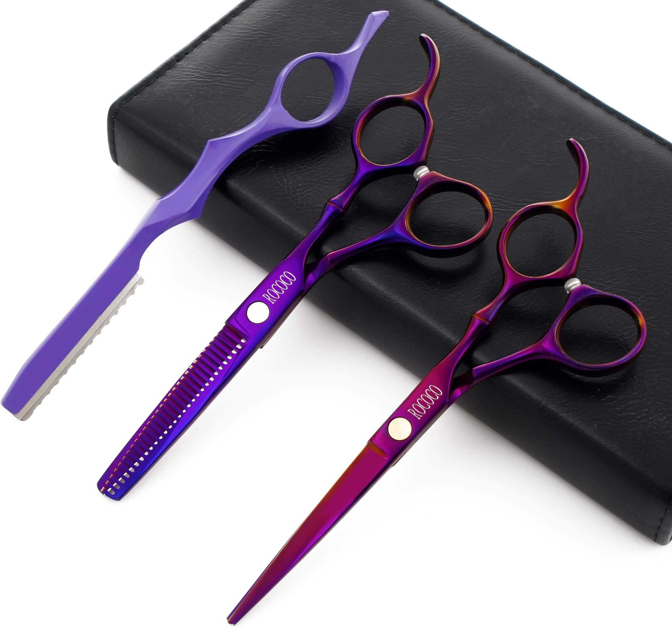 ROCOCO Professional 6.0 inch Salon Hair Cutting Scissors and Hair Thinning Shears with Razor for Barber Hairdresser (Purple)