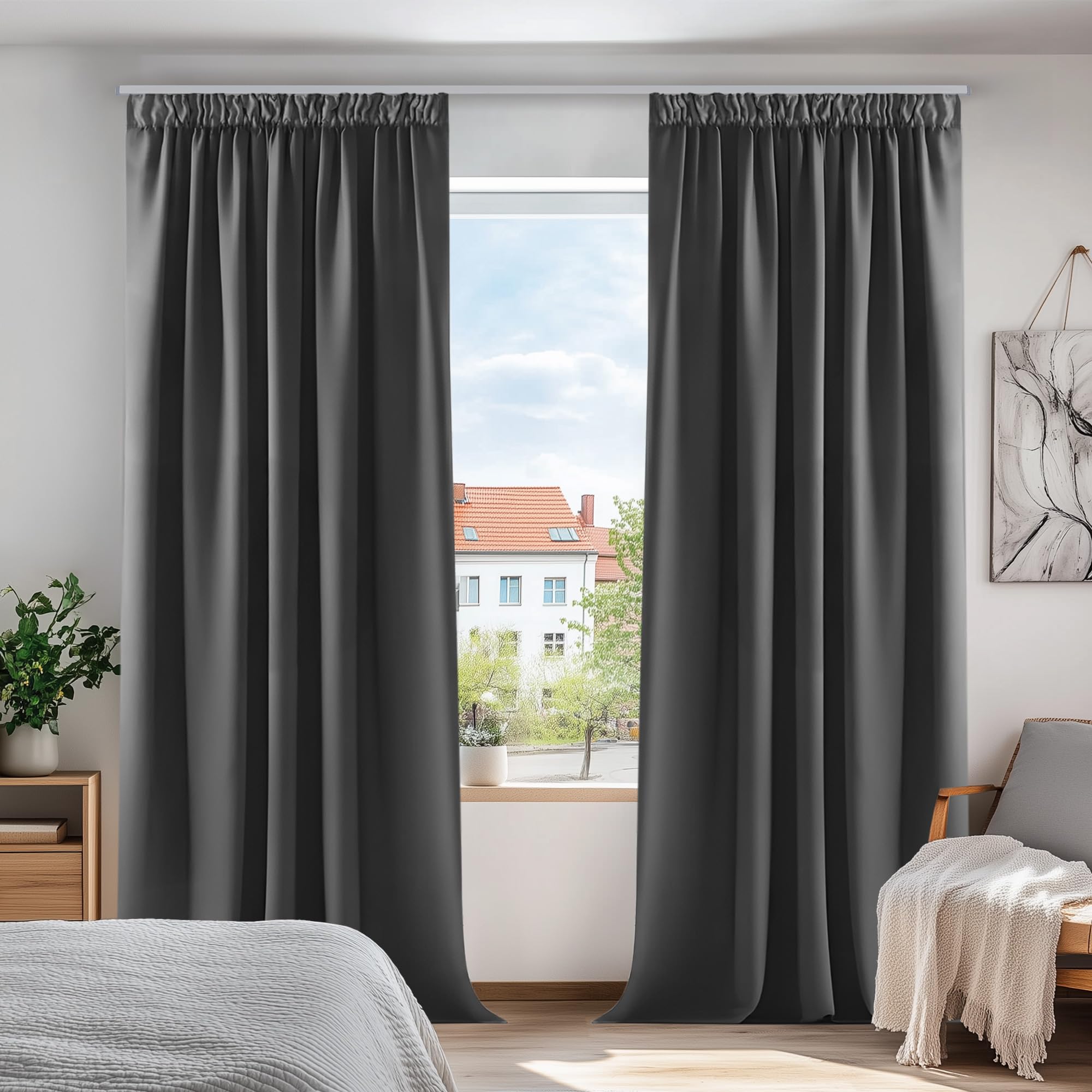 Deconovo Gardinen Blickdicht Kräuselband Dicke Gardinen Wohnzimmer Vorhang Verdunkelung Kälteschutz, 229x168cm(HöhexBreite), Dunkelgrau, 2er Set