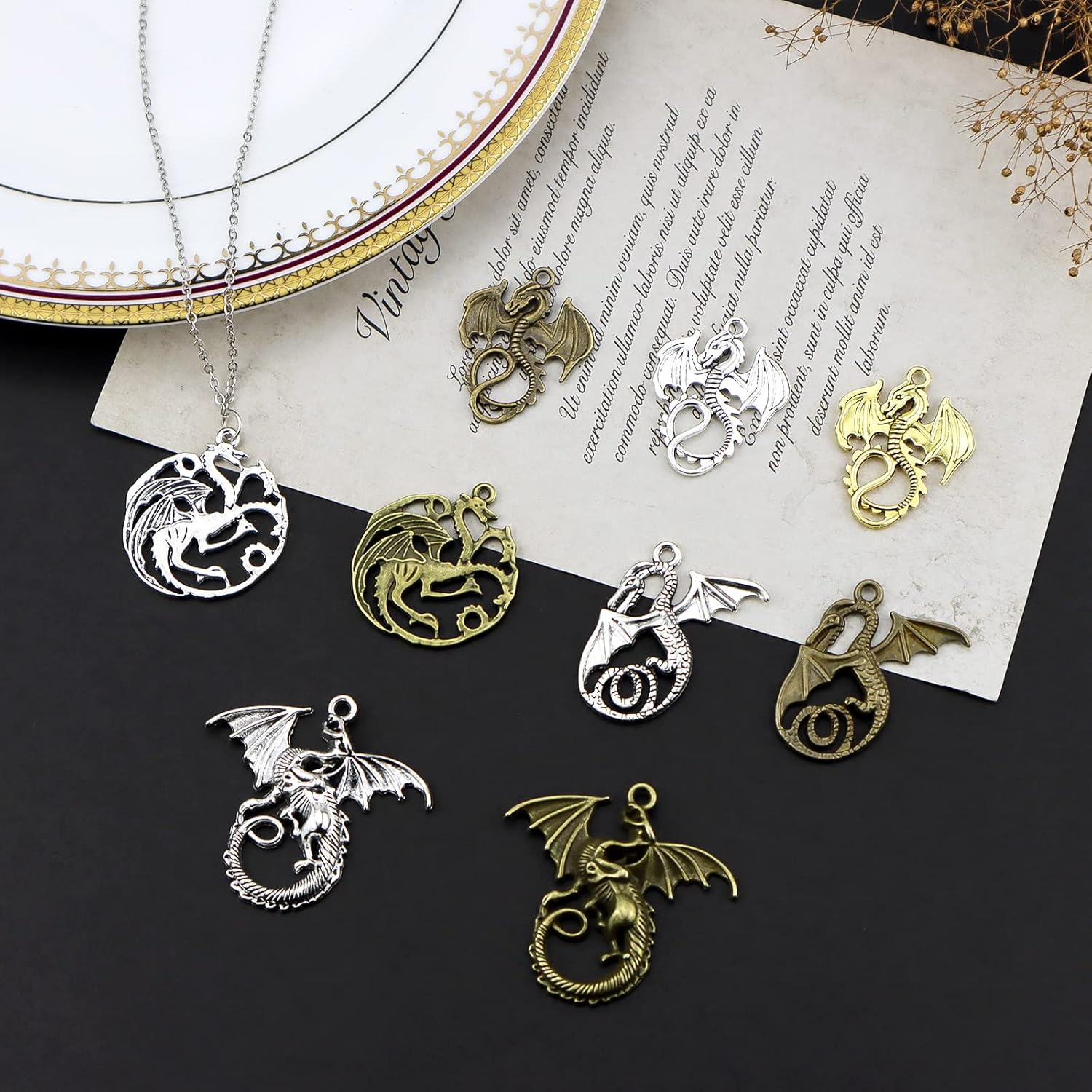 JIALEEY Flying Dragon Charms, 16pcs/8pairs Mixed Tarrasque Infernal Demon Fire Dragon Dinosaur Totem Charms Pendants Beads for Jewelry Making and Craft Supplies - Image 6