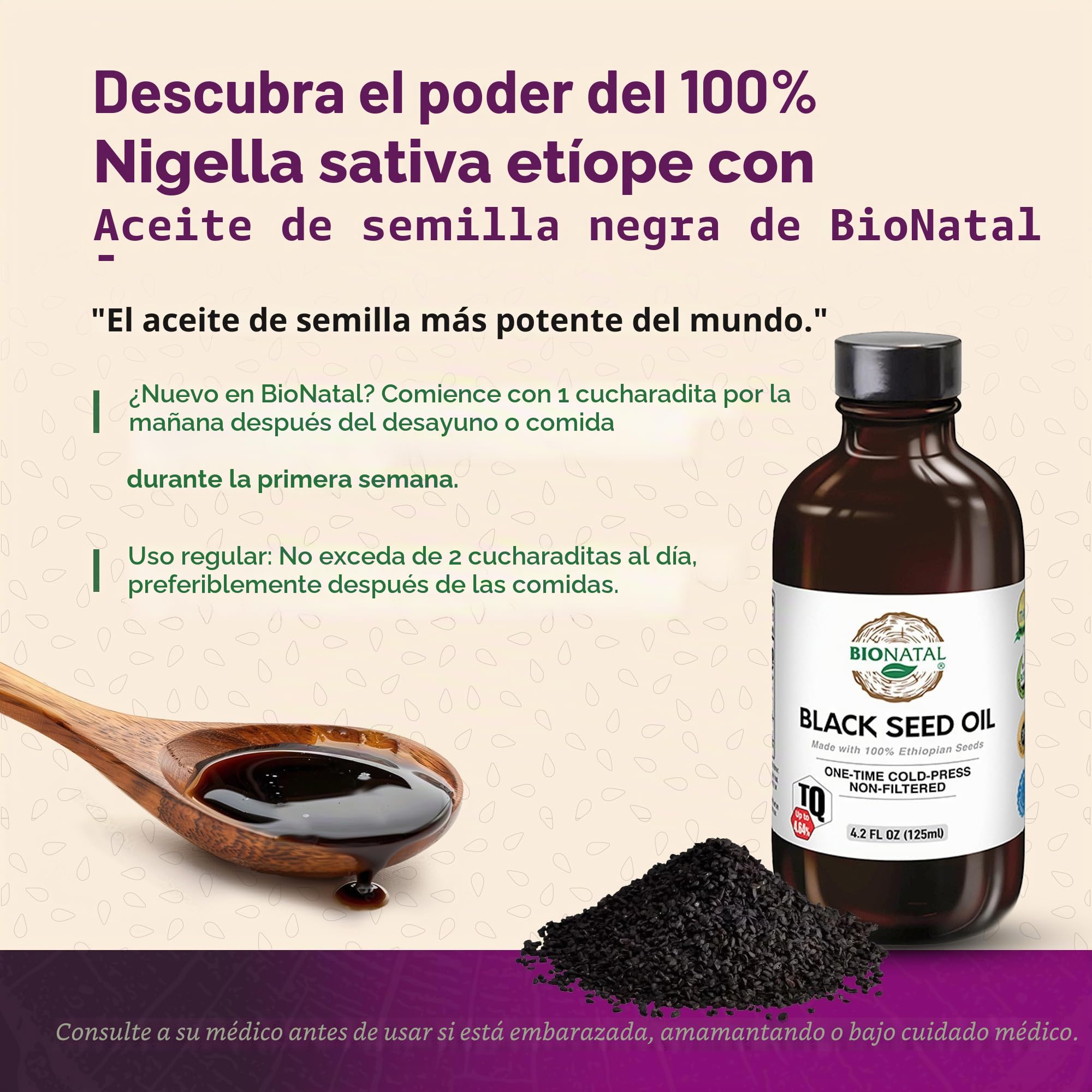 Bionatal Aceite de semilla negra etíope 4.34% de timoquinona (TQ), semillas de nigella sativa, aceite de semilla de comino negro sin filtrar, prensado en frío