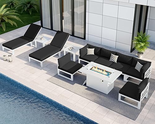 Miniatura 970 de NICESOUL 7 Piece White Powder-Coated Aluminum Patio Furniture with Fire Pit Table, 29 Inch Extra Wide Outdoor Sectional Sofa for 6, High-End Heavy