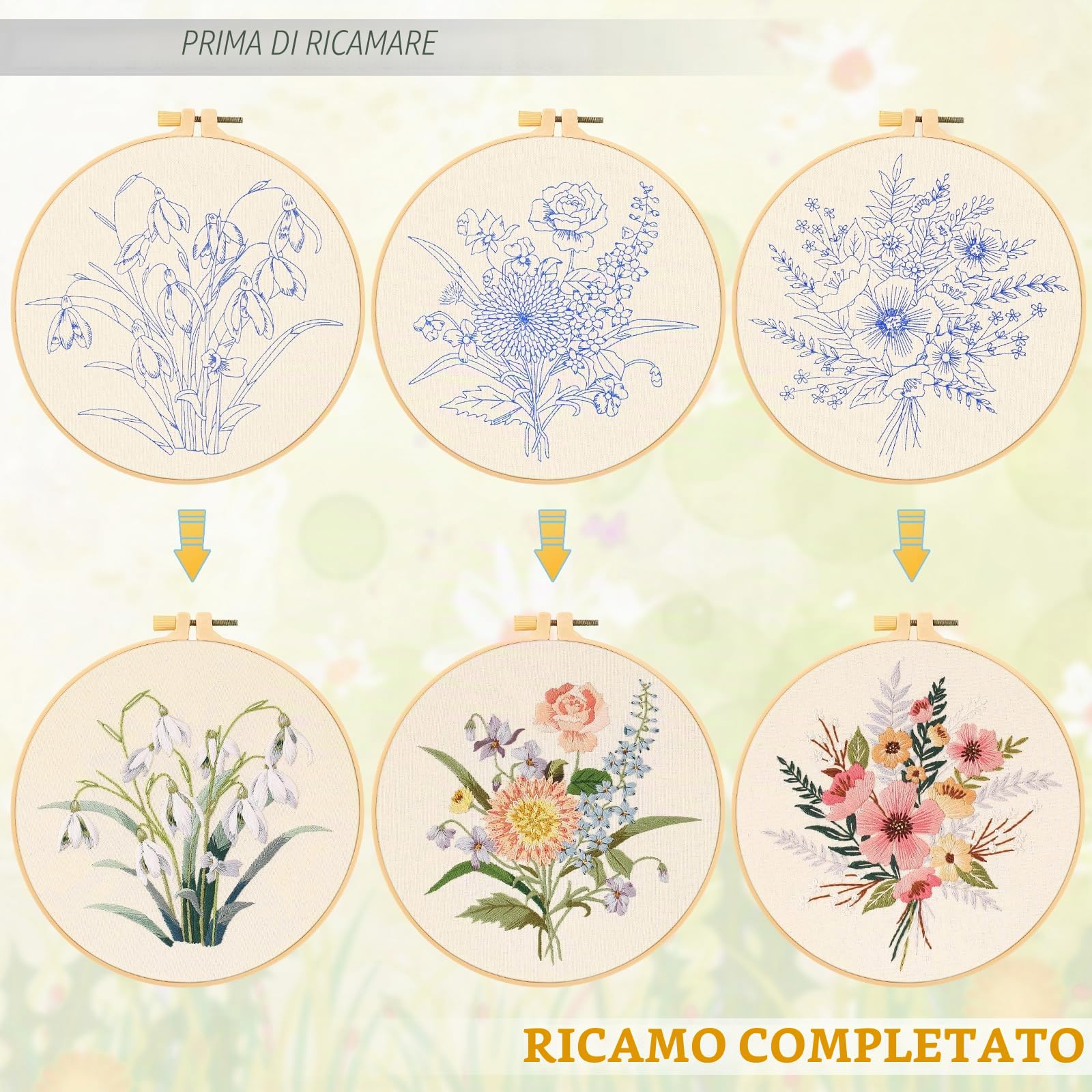 JSRQT 3 Set Kit di Ricamo Floreale per Principianti Adulti, Kit Iniziale per Punto Croce con Motivo Floreale, Kit di Ricamo ad Ago Fatto a Mano con 3 Tessuti da Ricamo 3 Cerchi da Ricamo, Ago e Filo