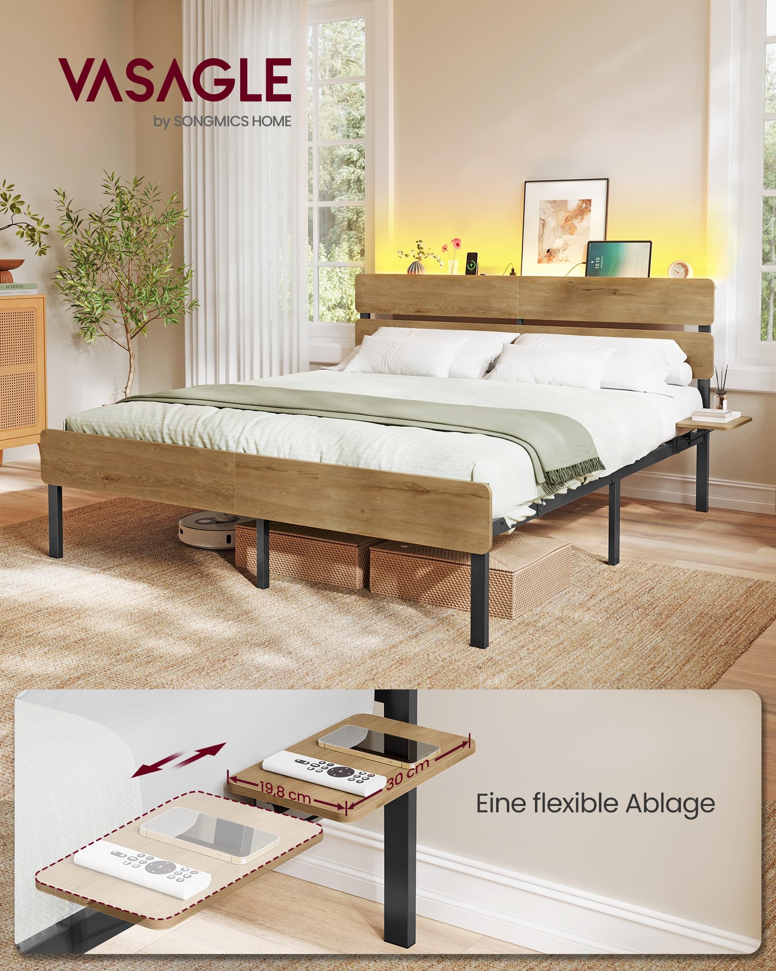 VASAGLE Doppelbettgestell, Bett, 140 x 200 cm, Metallrahmen, LED-Beleuchtung, USB-A- und USB-C-Anschluss, Unterbettaufbewahrung, Industrie-Stil, einfache Montage, naturbraun RMB104HC01