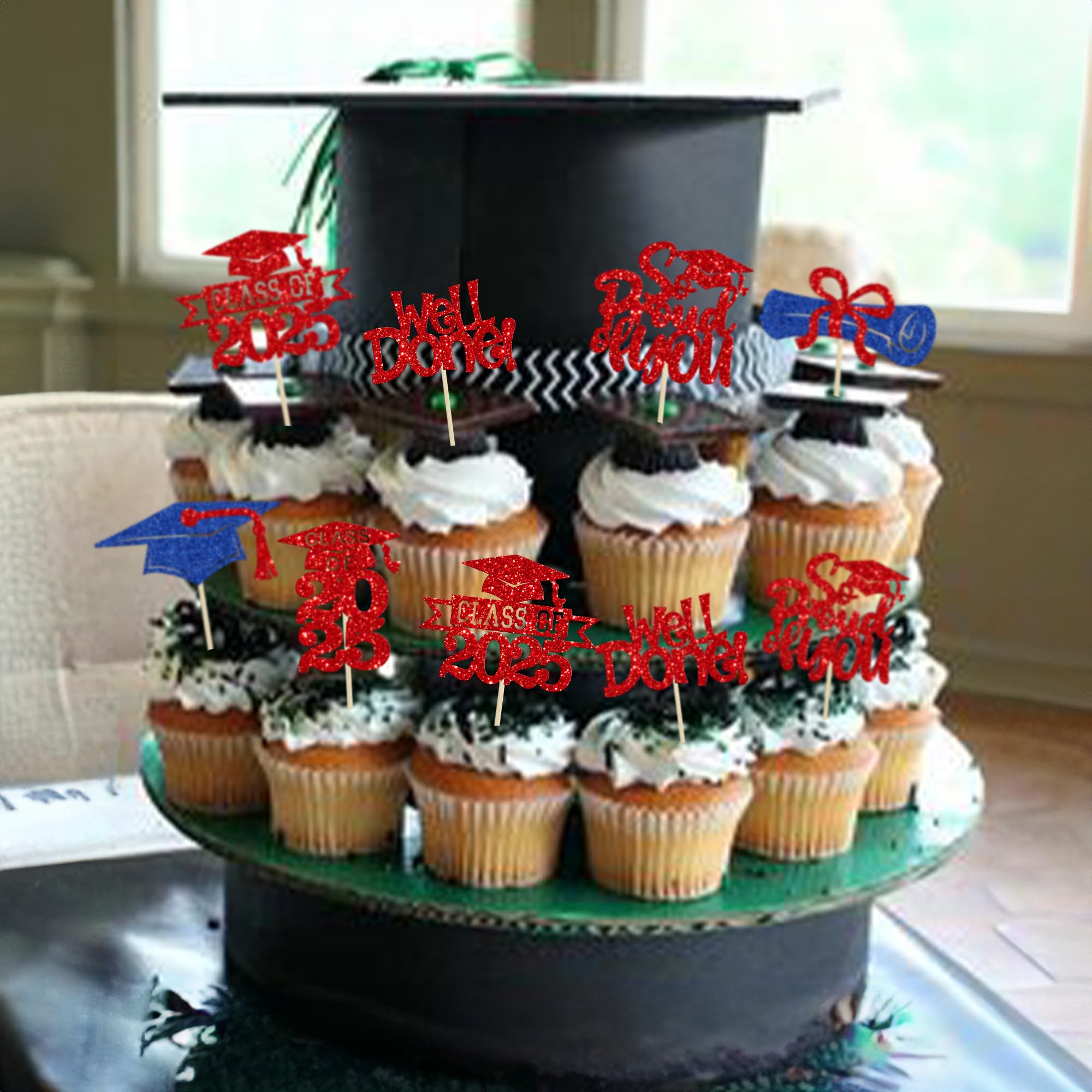 Gyufise 24Pcs Congrats Grad 2026 Cupcake Toppers Glitter 2026 Graduation Done Diploma Cupcake Picks Class of 2026 Cupcake Decorations for 2026 Graduation Theme Party Supplies Red Blue - Image 4