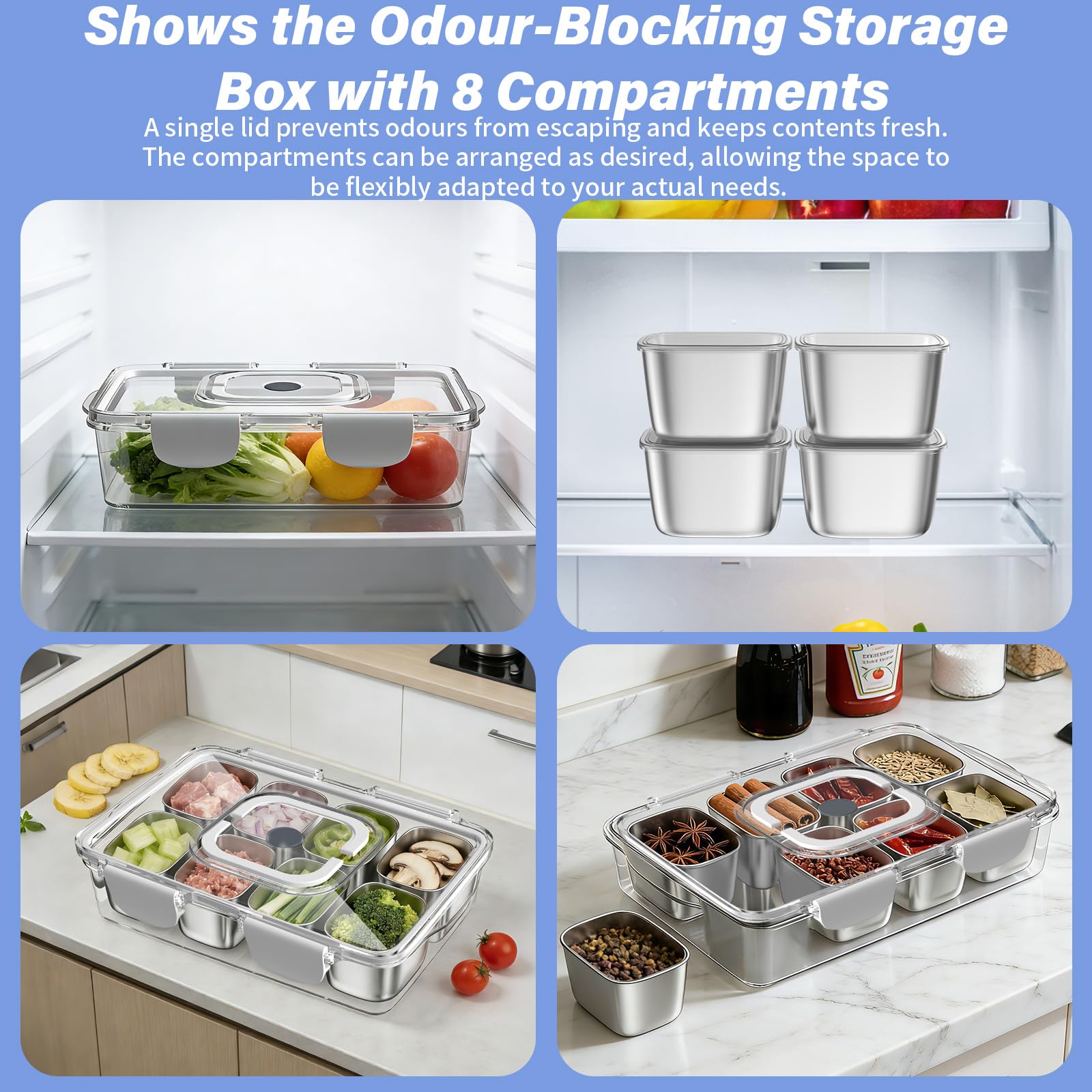 Caja de aperitivos con 8 compartimentos de acero inoxidable, bandeja para aperitivos con tapa y asa, lavable en el lavaplatos, para diversas frutas, aperitivos y postres