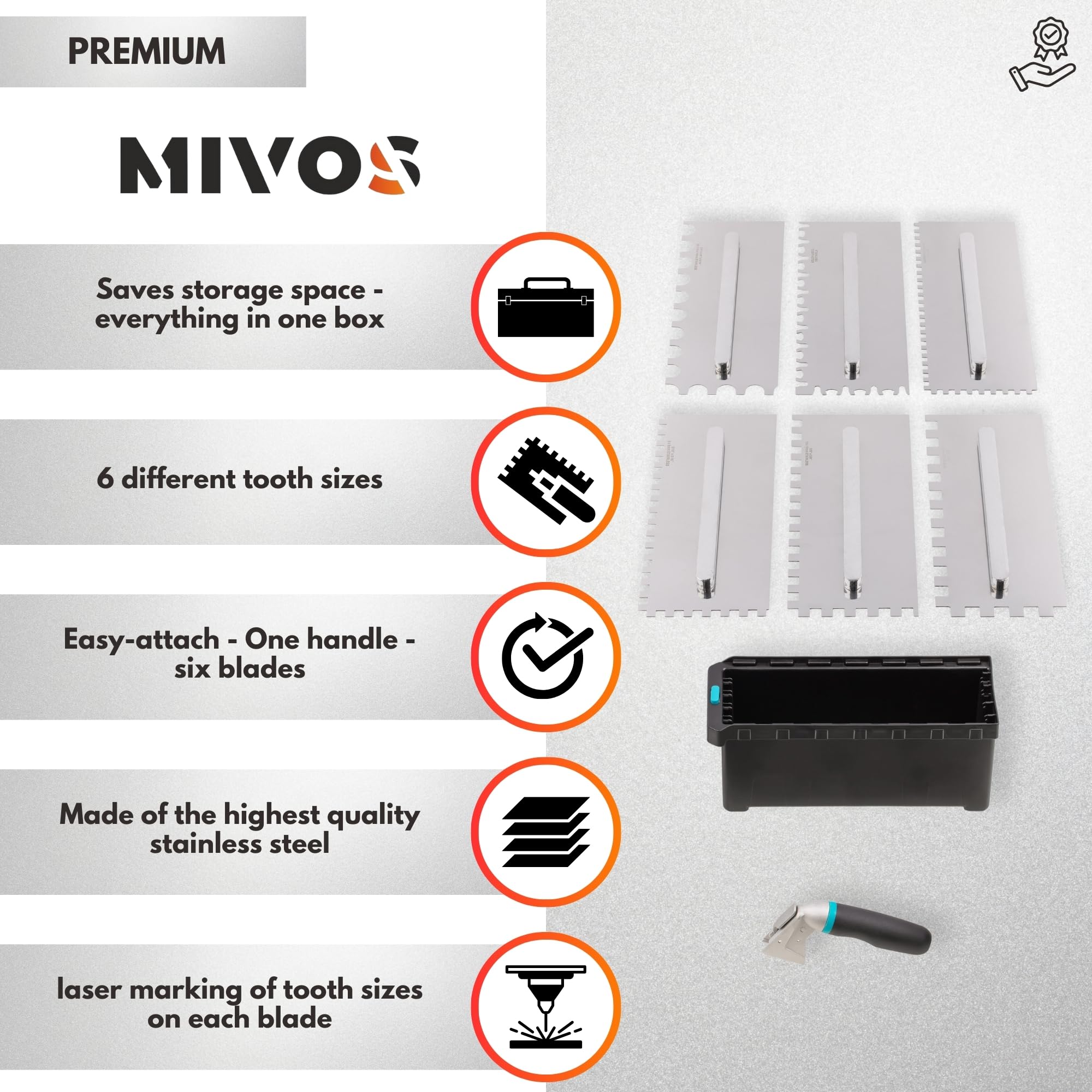 MIVOS Set di Frattazzi con manico staccabile e scatola per il trasporto - 6, 8, 10, 12 mm, Tipo U, tipo Tiger - 6 Frattazzi dentati - Frattazzi in acciaio inox con impugnatura morbida - Cazzuola