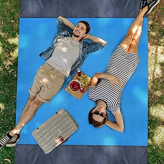 Outdoor Beach Mat Picnic Blanket,Extra Large 210 x 200cm Waterproof Portable Picnic Beach blanket,Sandproof with 4 Fixed Nails,Reinforced Edging for Beach,Park,Camping,Hiking & Family Concerts (Blue)