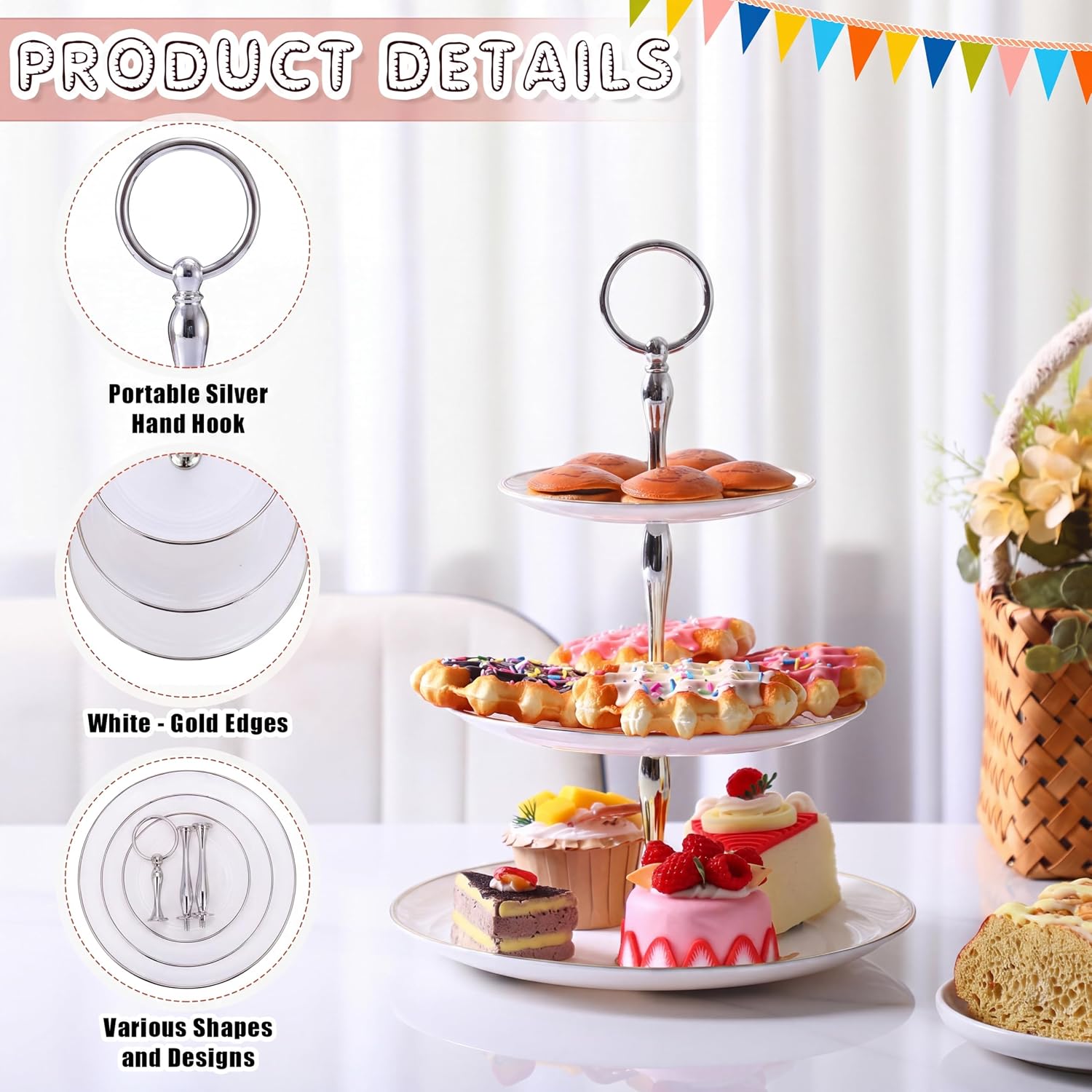 Teenyyou 8 Pack 3 Tier Cupcake Stand Bulk Tiered Dessert Stand Thick Plastic Serving Tray with Gold Edges Dessert Table Display Set Tea Cake Holder for Wedding Birthday Party(Silver White,Round)