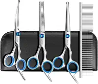 GEMEK Tesoura Profissional Para Tosa De Cães Com Pontas Redondas De Segurança, Conjunto De Tesouras Para Tosa De Cães - Tesouras De Desbaste, Retas, Curvas E Pente Para Pelos Longos E Curtos Para C