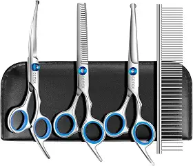 GEMEK Tesoura Profissional Para Tosa De Cães Com Pontas Redondas De Segurança, Conjunto De Tesouras Para Tosa De Cães - Tesouras De Desbaste, Retas, Curvas E Pente Para Pelos Longos E Curtos Para C