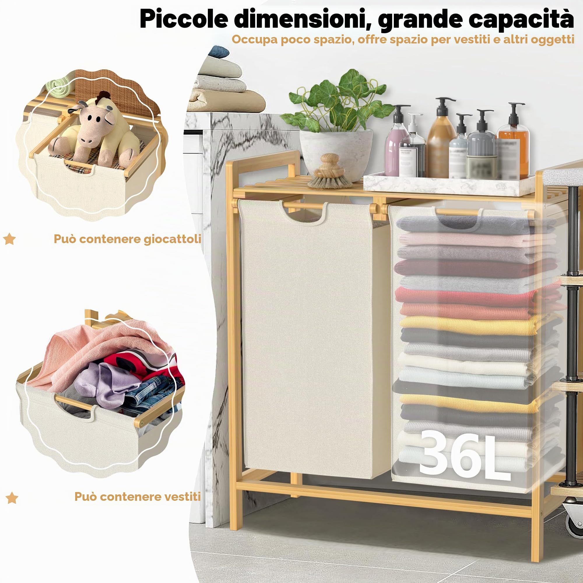 2 scomparti Cestino per biancheria in bambù, organizer per biancheria con ripiani, contenitore per biancheria 36L, 2 pezzi, sistema di ordinamento biancheria, scatola per biancheria, 73 x