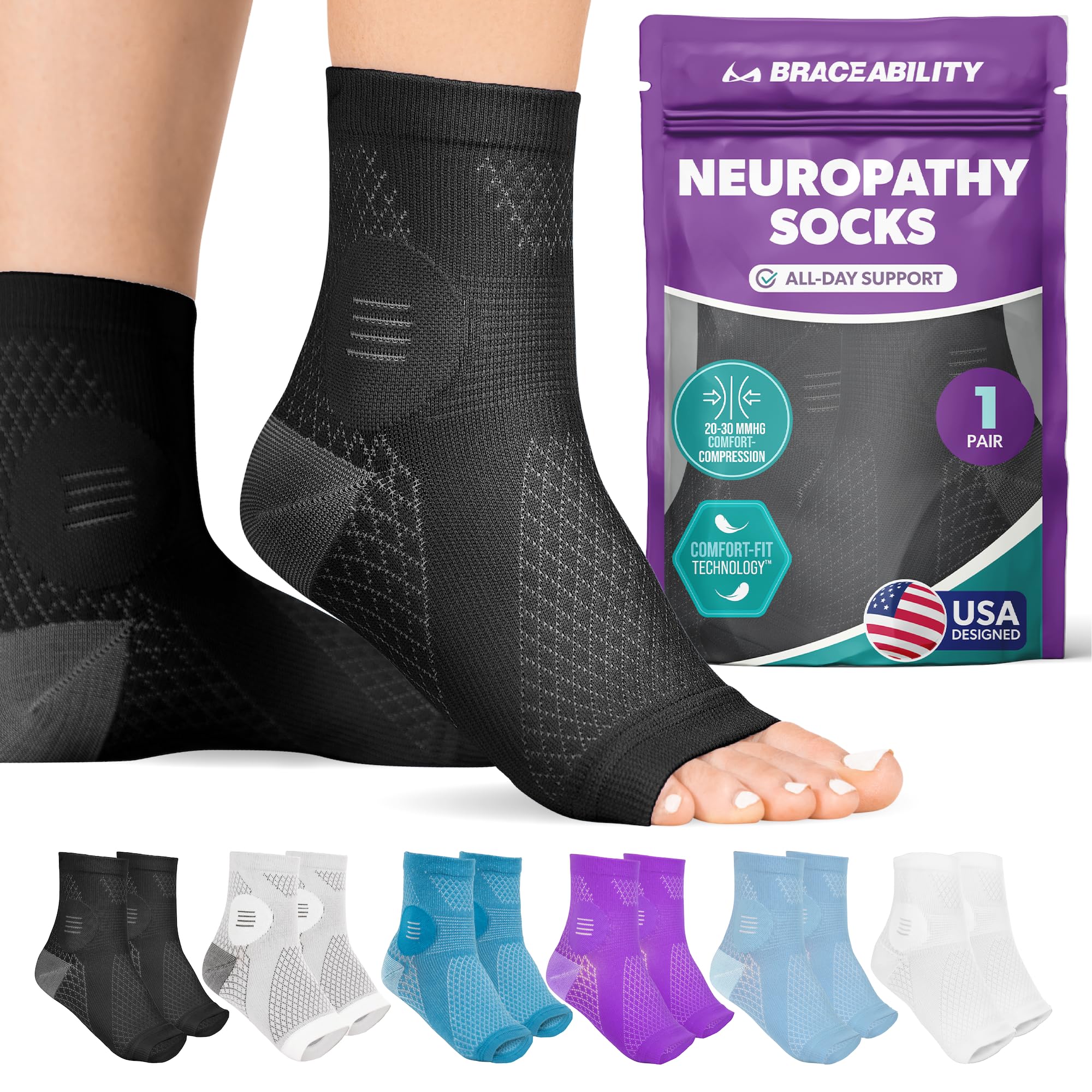 BraceAbility Neuropathy Socks (Pair) - Peripheral Neuritis Compression Diabetic Toeless Foot Sleeves for Nerve Damage Pain in Feet, Ankle Gout, Plantar Fasciitis Relief Brace for Men and Women (XL - Black)