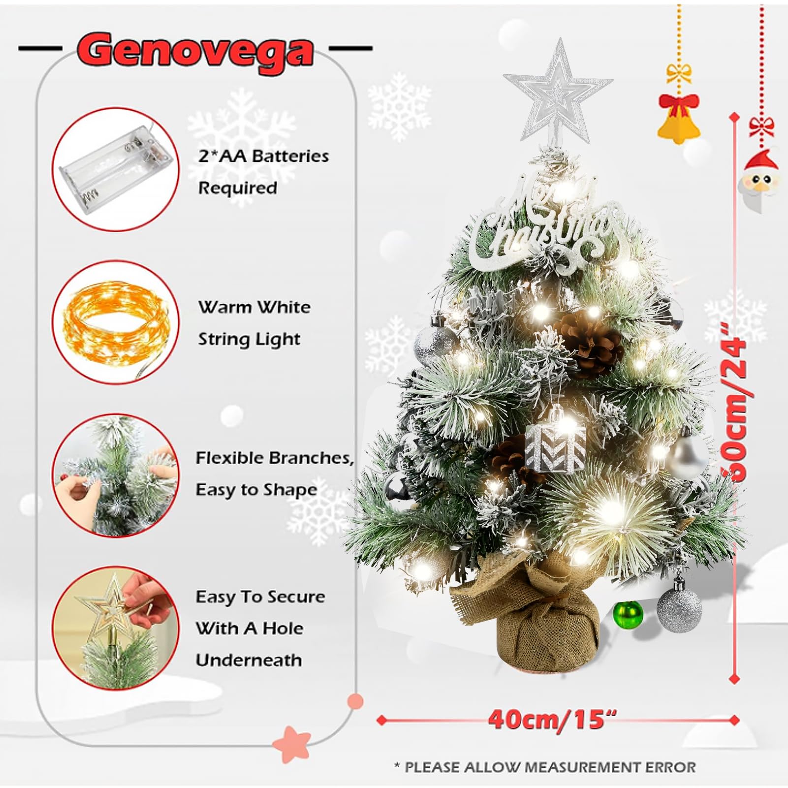 Feliexez 22" White Mini Christmas Tree, Tabletop Small Christmas Tree with 6.6Ft LEDs String Lights, Star Treetop,Ornaments Balls, Gift Box and Pine Cones for Bedroom Christmas Decorations