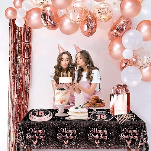 Miniatura 5 de Decoraciones de cumpleaños número 18 en negro y oro rosa para niños y niñas - 81 piezas de platos, servilletas, mantel de 18, tenedores para