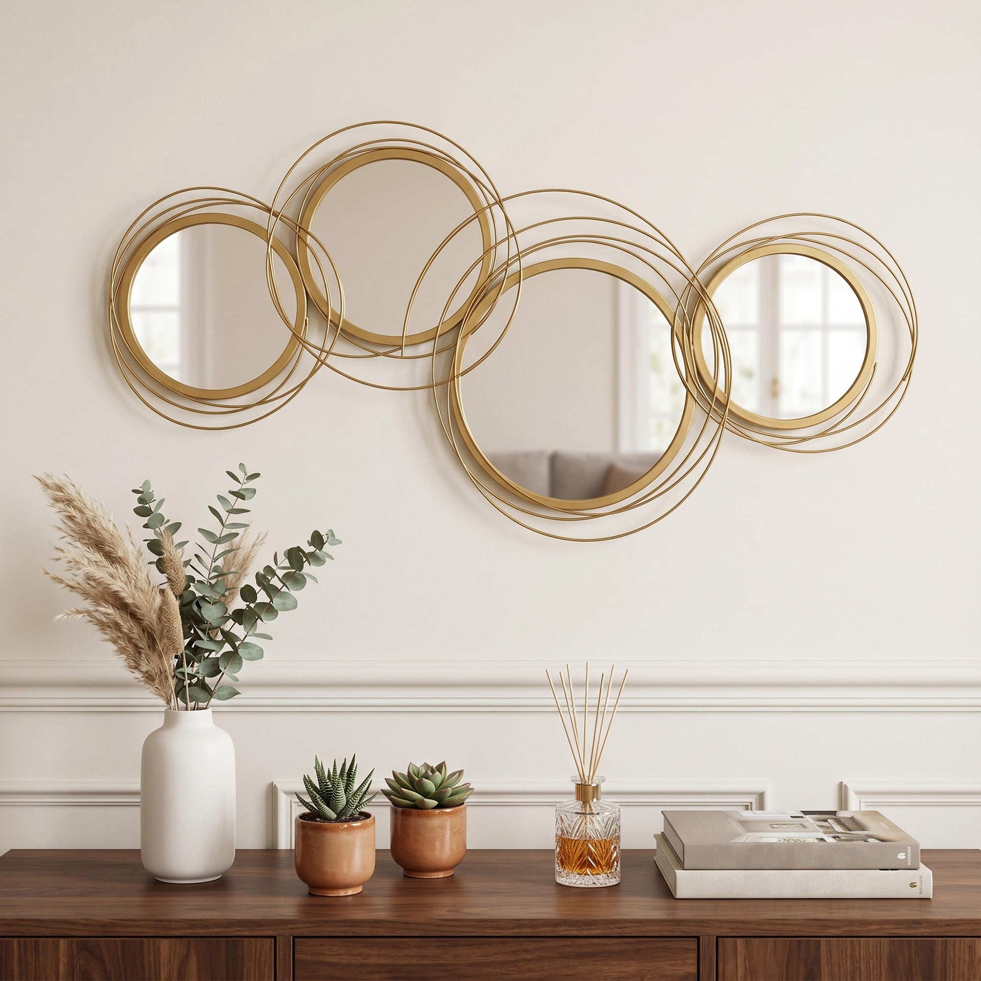 HOMCOM Decorazione Murale 3D in Metallo Wall Art a Cerchi 107x56cm Oro | Con Specchi