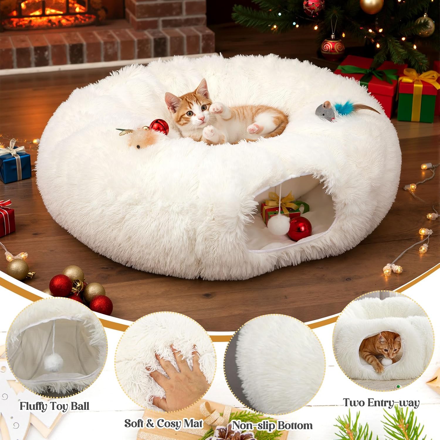 Thyle Christmas Cat Tunnel Bed 3ft x 3ft x 9.8in Under Christmas Tree for Indoor Cats Xmas Pet Donut Tunnel with Washable Cushion Foldable Round Pet Toy for Small Animals Kitten(White)