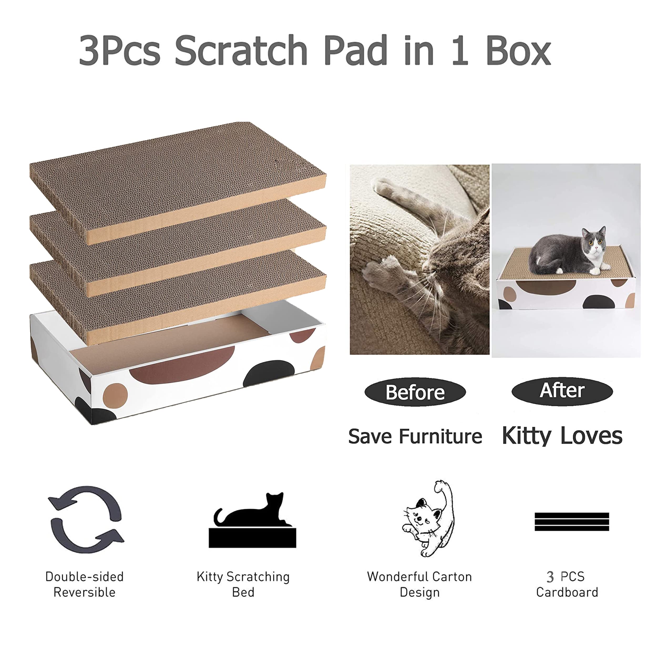 3 Packs Cat Scratcher Pad with Cat Box,Durable Cat Scratcher Cardboard Refill,3 in 1 Recyclable Cardboard Cat House Suitable for Cats to Rest,Grind Claws and Play,Reversible Scratch Box 17"x10" 3