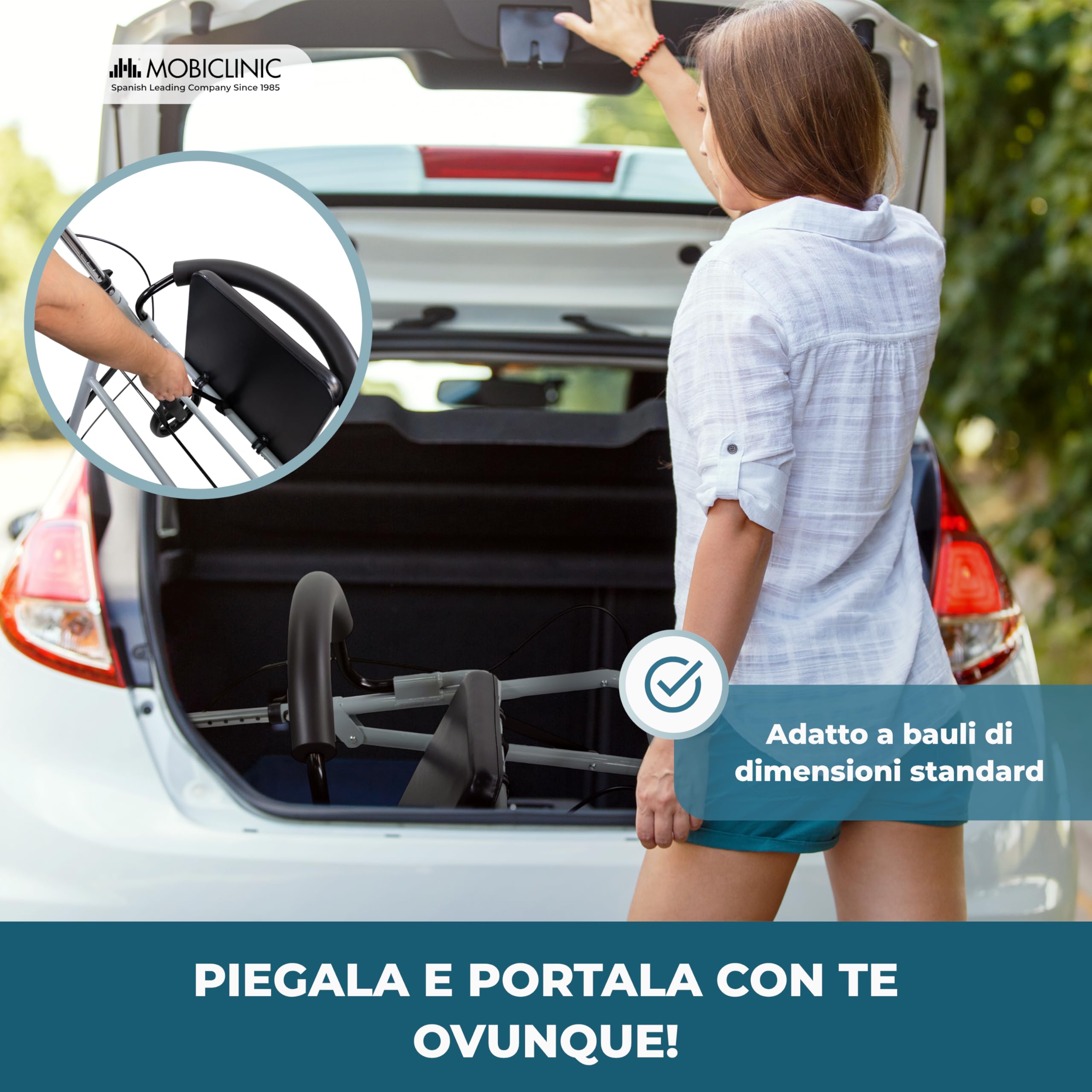Mobiclinic®, Deambulatore per anziani, Ruote grandi la strada, Pieghevole, Con cestino in tessuto e sedile, Fabbricato alluminio, Resistente, Marchio europeo, Modello sofía, Colore grigio