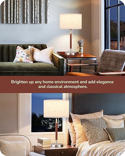 Miniatura 7 de EDISHINE Lámpara de mesa de mediados de siglo, lámpara de noche de madera maciza y metal con interruptor de cadena de tracción y pantalla de lino