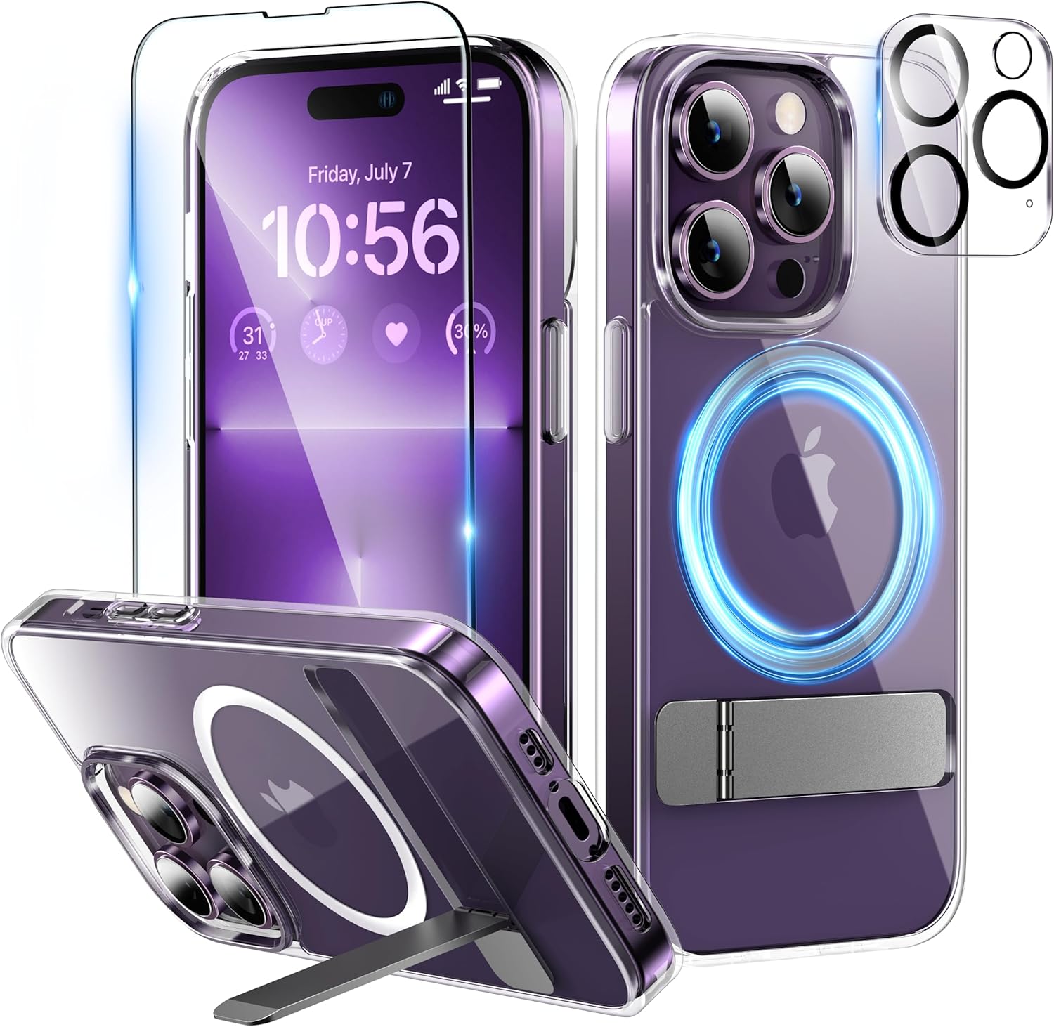 Magnetic Case for iPhone 14 Pro Case with Screen Protector, (with Slim Kickstand + Camera Protector) Compatible with Magsafe Shockproof Crystal Clear Phone Case Cover 6.1-Inch, Clear