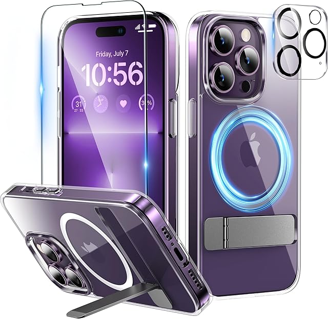 Niunisi Magnetic Case for iPhone 14 Pro Case 6.1-Inch (2022), Slim Kickstand with Screen Protector Compatible with Magsafe Shockproof Crystal Clear Cases Phone Case Cover, Clear