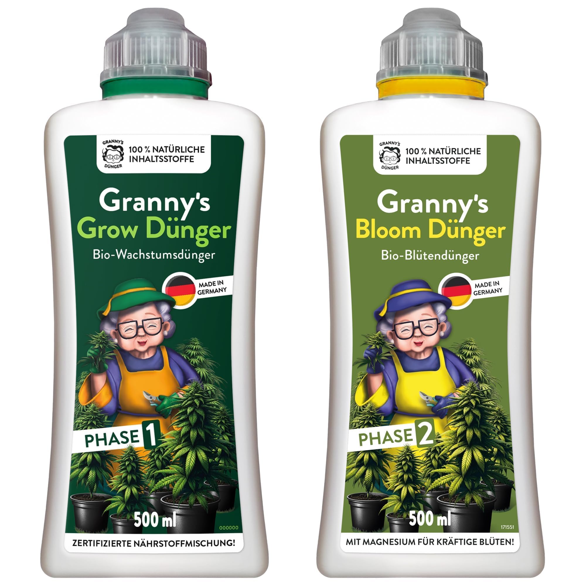 GRANNYS® Grow & Bloom Set - Flüssigdünger für Cannabispflanzen I Organisch I Für Wachstums- & Blütephase I Indoor & Outdoor I Einfache Anwendung I Mit Messbecher