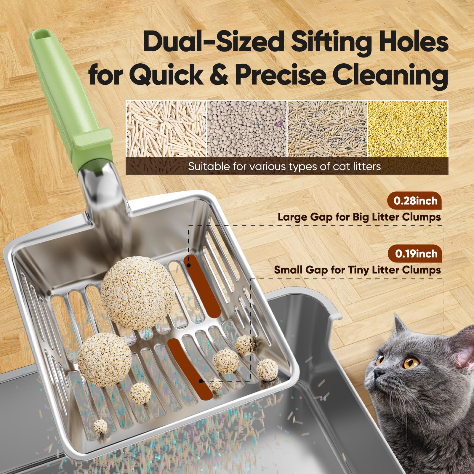 Metal Cat Litter Scoop, Large Cat Scooper with Deep Shovel & Dual Sifting Holes for Fast & Precise Sifting, Space Aluminum Kitty Litter Scooper with Long Handle & Easy-to-Hang Hook - Mint - image 3
