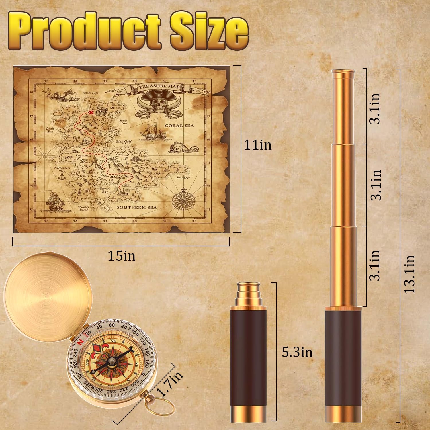 Pirate Accessories, Pirate Telescope with Treasure Map and Pocket Compass, Handheld Collapsible 25x30 Zoomable Monocular Spy Glasses, Brass Compass and Telescope for Party Cosplay Boy Gifts