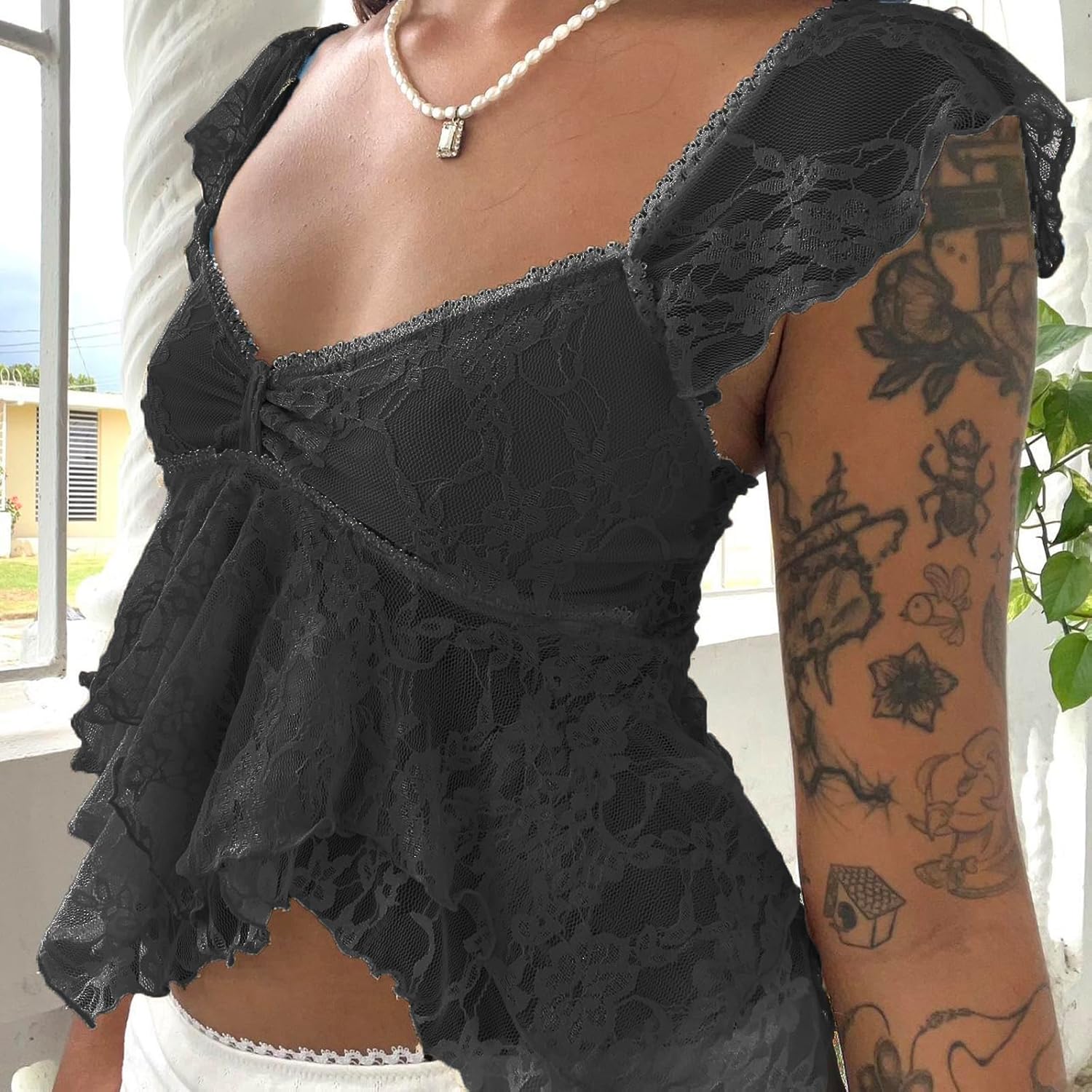 HOXIJIA Women Y2K Floral Lace Tank Top Sexy V Neck Sheer Mesh See Through Crop Vest Cute Short Sleeve Ruched Ruffle Shirt - Image 4