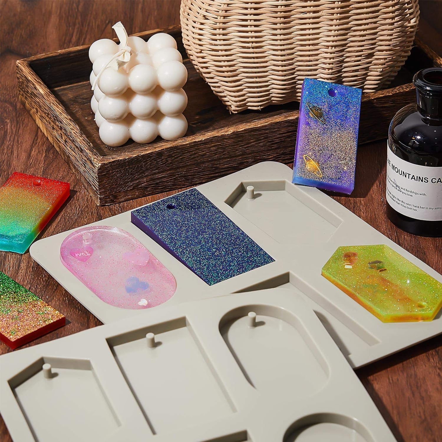 RKPM HOMES Aromatherapy Wax Mold I Silicone Fondant Mould with Hanging Hole I Dried Flowers Resin Soap Clay Craft Jewelry Making Molds DIY Pendant Bookmark Necklace I Grey - 6 Cavity (2 Different) 3