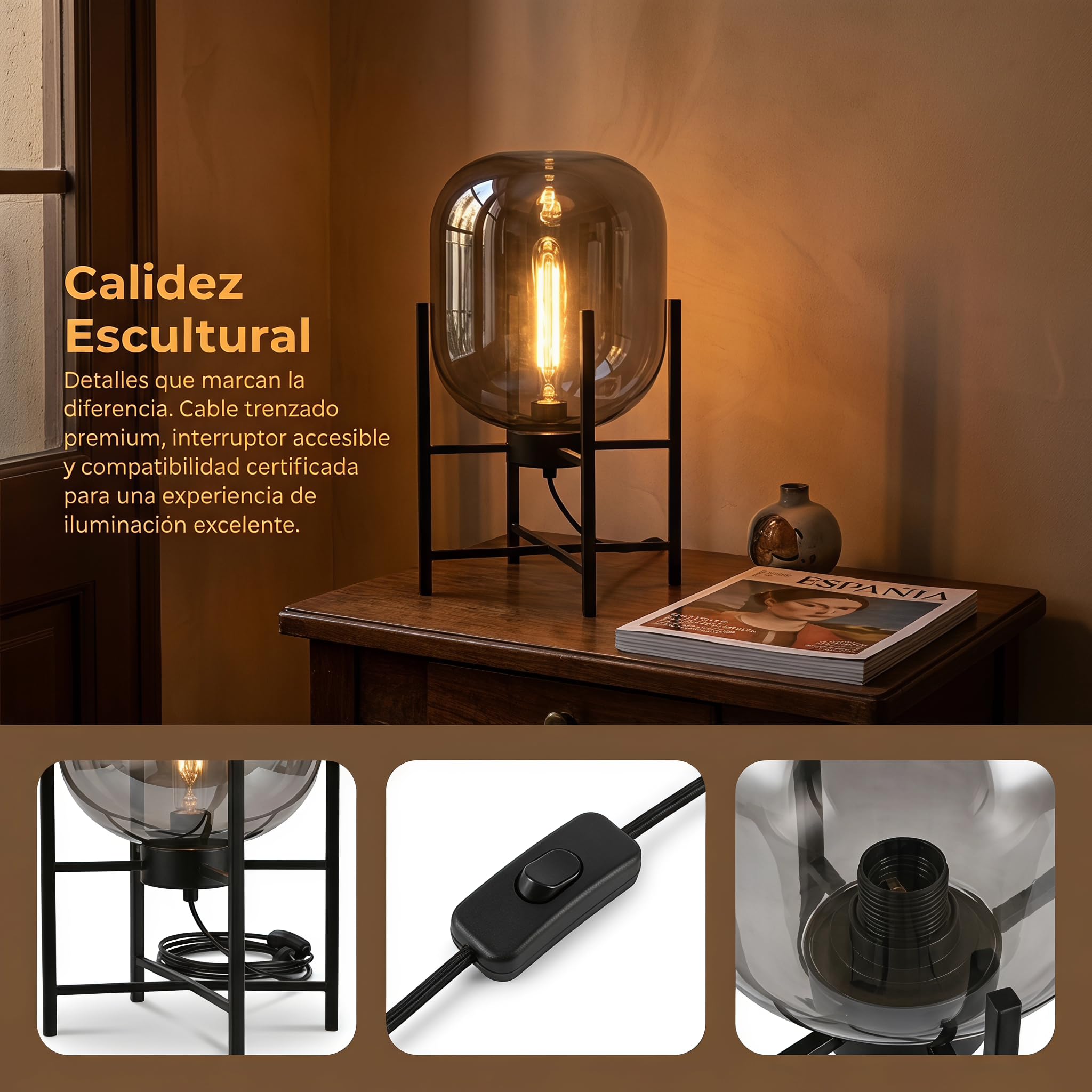 BARCELONA LED Lampada da Tavolo o da Terra SMALL CRAFTY E27 Vetro Grigio Fumé Alluminio Nero Opaco Illuminazione d’Ambiente Decorativa Design Moderno per Soggiorno Camera da Letto Studio Hotel
