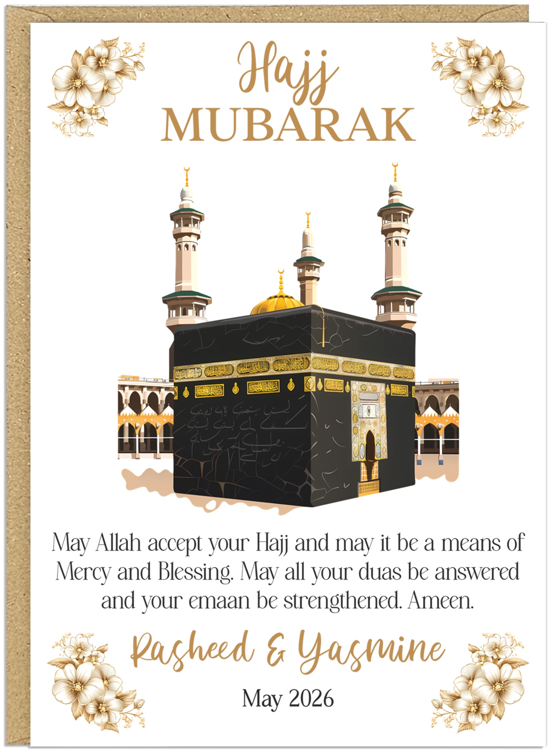 Hajj Mubarak Card Personalised Family Name & Date - Kaaba Mosque Designs - May Allah Accept Your Hajj Mercy Blessing Dua Emaan - Islamic Hajj Celebration Keepsake Cards (Design 3)