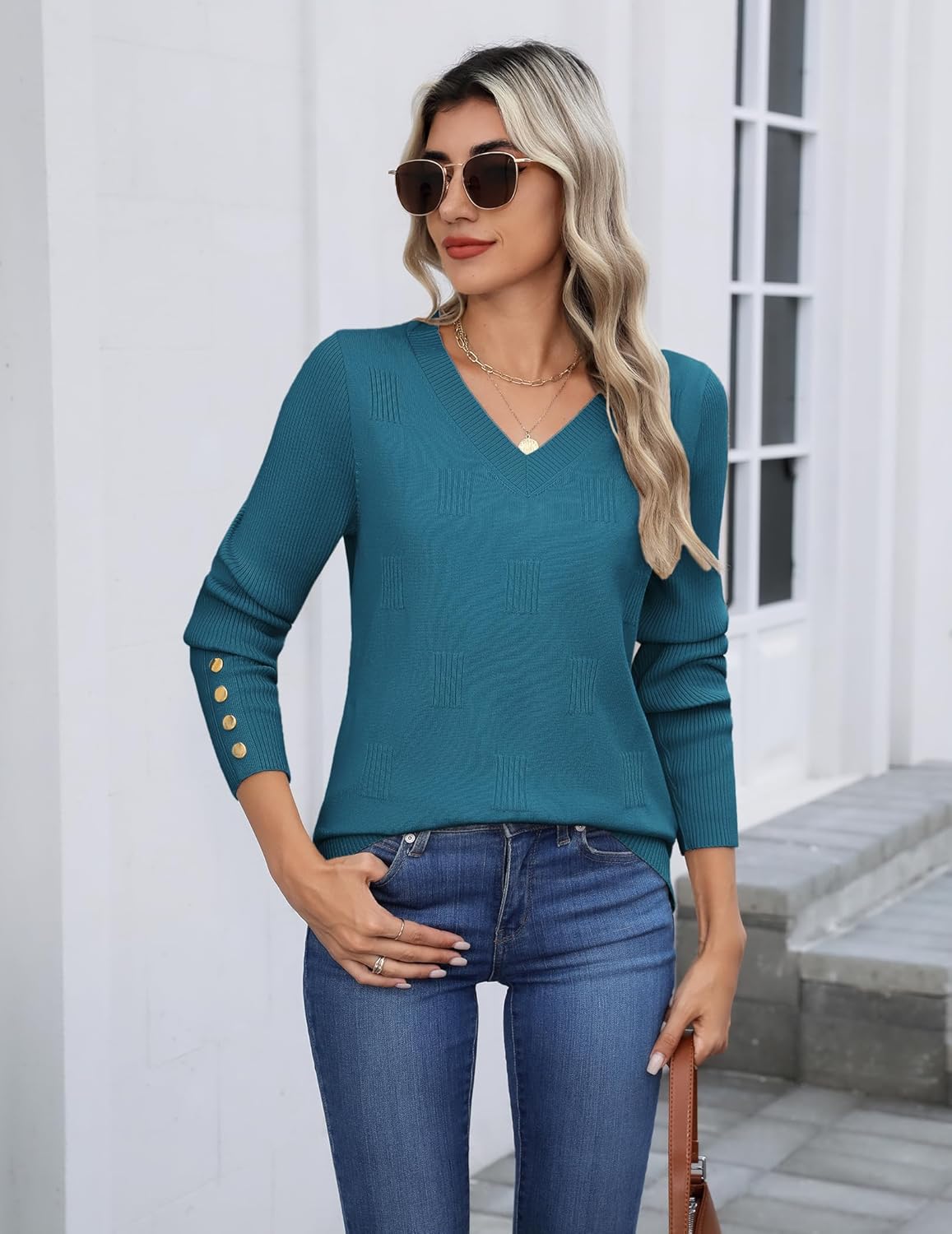 Zeagoo Womens V Neck Sweaters Shirts Long Sleeve Lightweight Ribbed Knit Pullover Sweater Blouse Tops with Buttons Oufits - Image 3