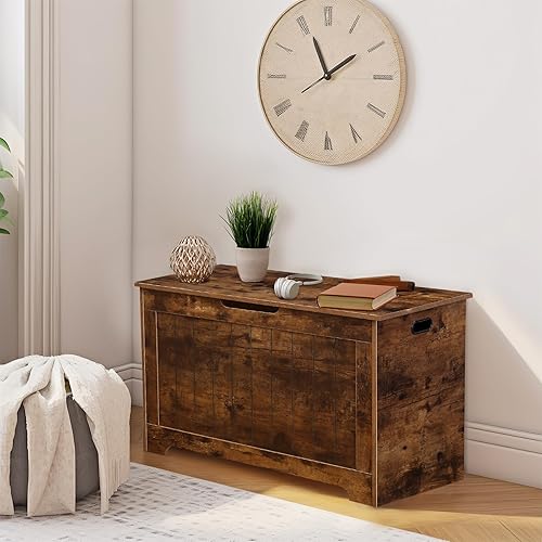 Miniatura 8 de Epetlover Baúl de almacenamiento, banco de almacenamiento de madera con tapa abatible y bisagra de seguridad, baúl de almacenamiento para entrada,