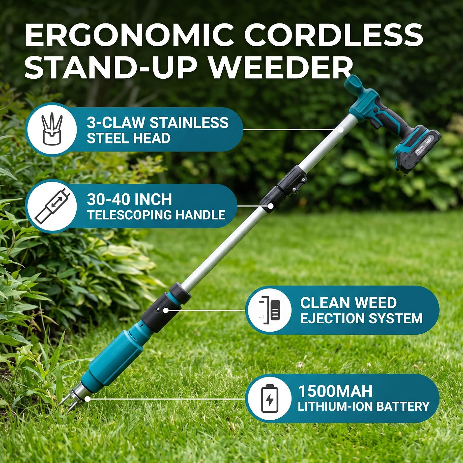 Fafeicy Elektrischer Stand-Up-Unkrautentferner, Kabelloser Unkrautstecher mit 20-V-, Verstellbarer Griff für die Unkrautentfernung Im Rasen und Garten (EU-Stecker) | Kabelloses Unkrautstecher-Werkzeug, verstellbarer Griff, elektrischer Stand-Up-Unkrautjät