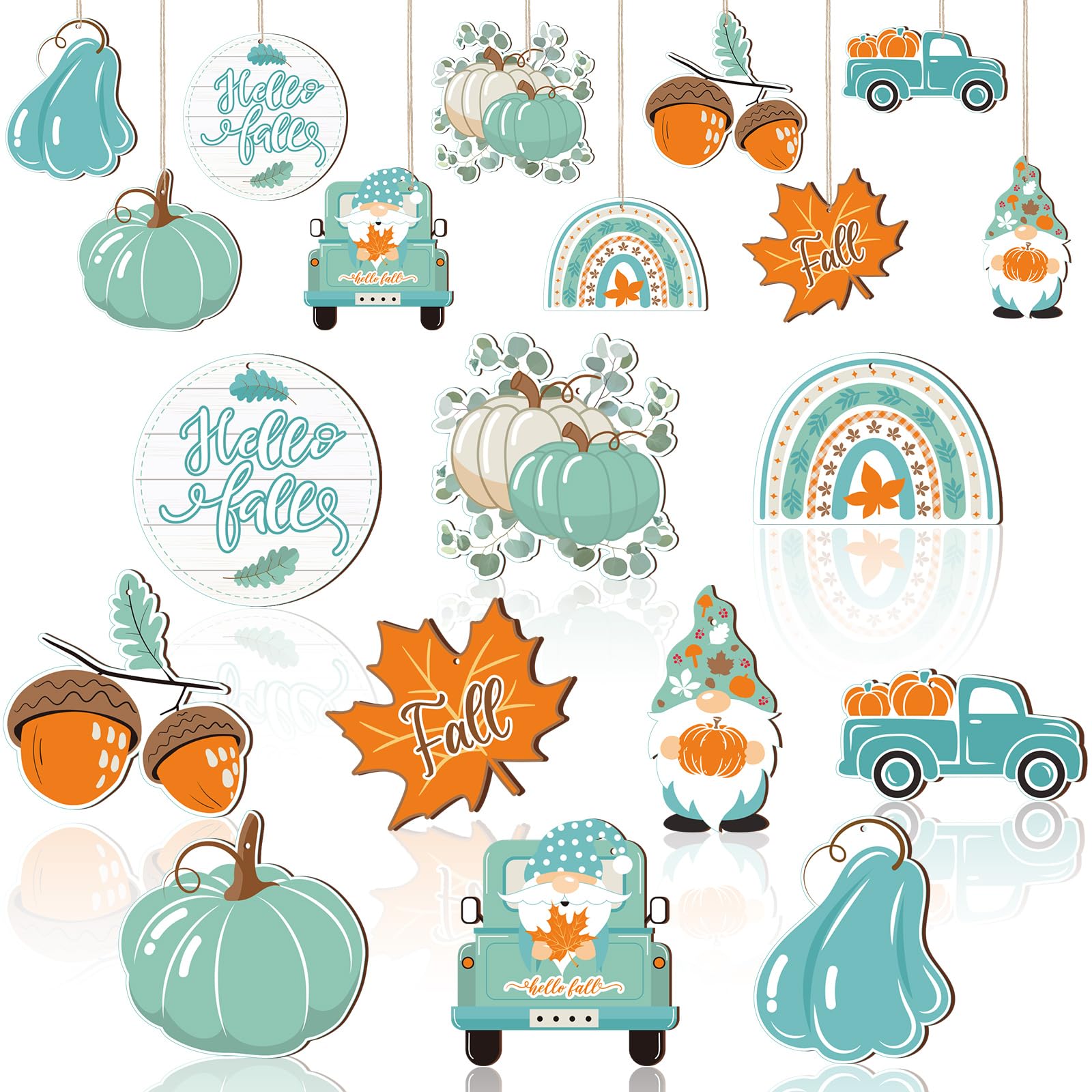 Barydat 30 Pcs Fall Thanksgiving Wood Ornaments Autumn Pumpkin Gnome Leaf Truck Wood Hanging Ornaments Blue Thanksgiving Decor Fall Wood Cutouts Small Welcome Hello Fall Tree Hanging Sign Decorations