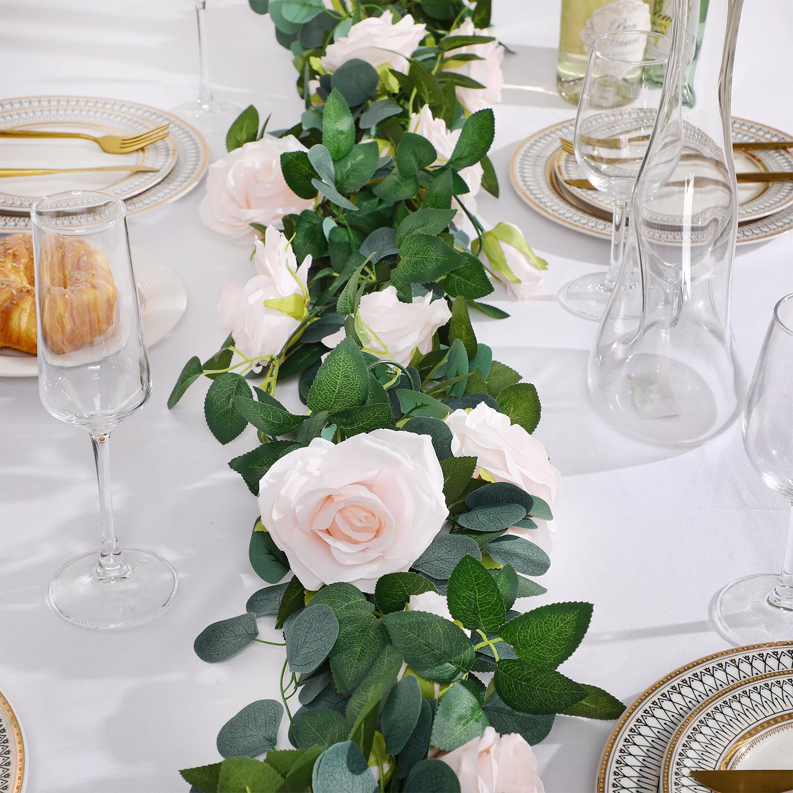 Künstliche Rosenranken-Girlanden, insgesamt 150 m, Silber-Dollar-Eukalyptus-Girlande mit Weidenblättern, künstliche Reben für rustikale Hochzeit, Babyparty, Tisch, Kaminsims, Heimdekoration, 10