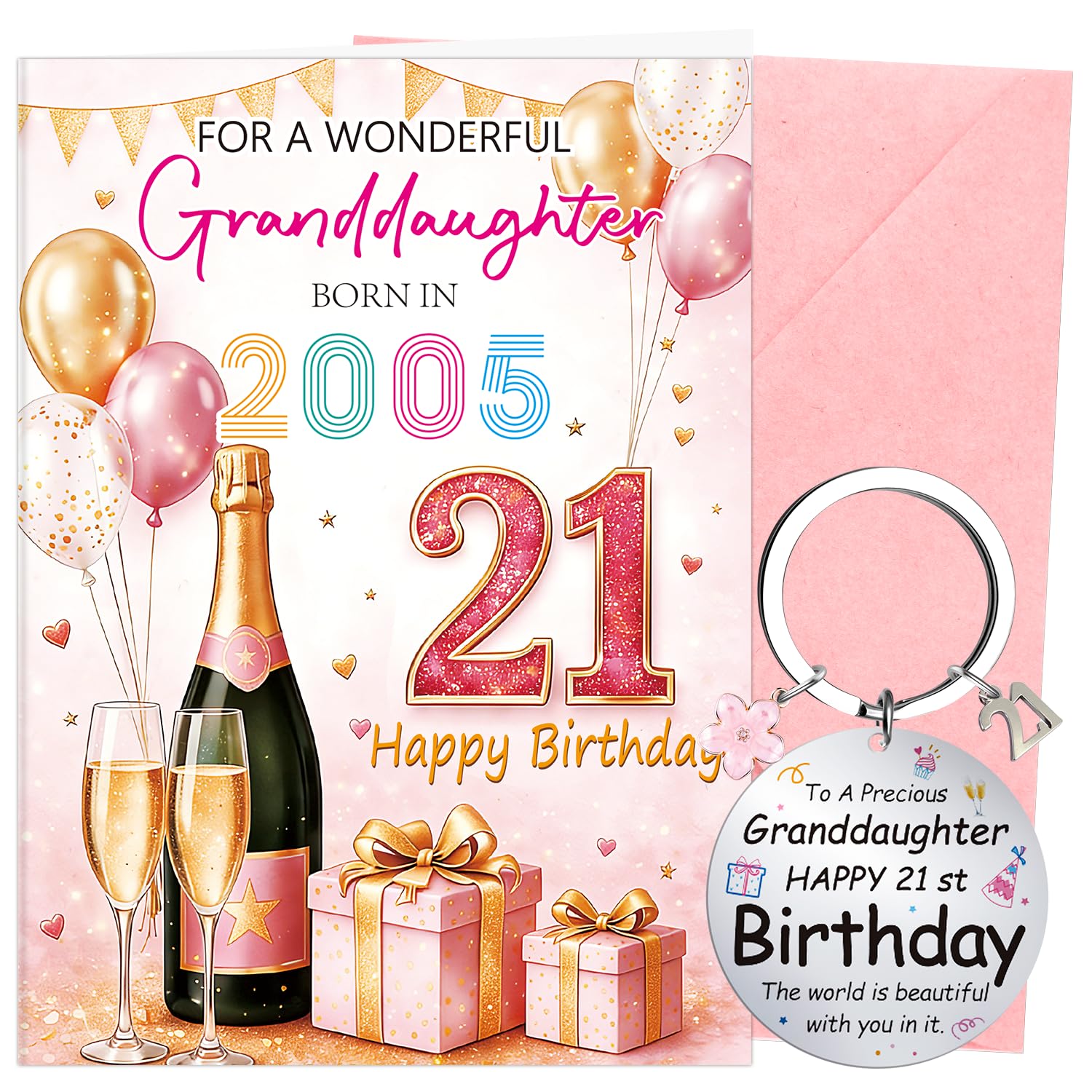 Luvart 21th Granddaughter Birthday Card - 21th Birthday Gifts Card for Granddaughter, Colorful Card with Keychain Pink Envelope for Celebration
