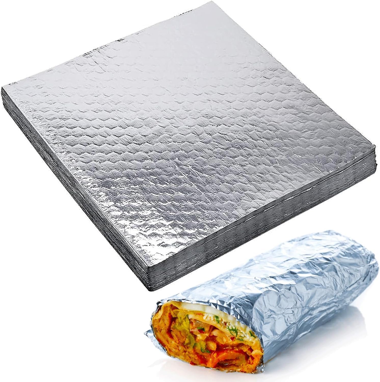 50 Pack Insulated Foil Sandwich Wrap Sheets Large sheets 35x25 cm, Silver insulated foil retains heat and resists grease, Ideally sized for burgers, breakfast sandwiches. Pack of 50
