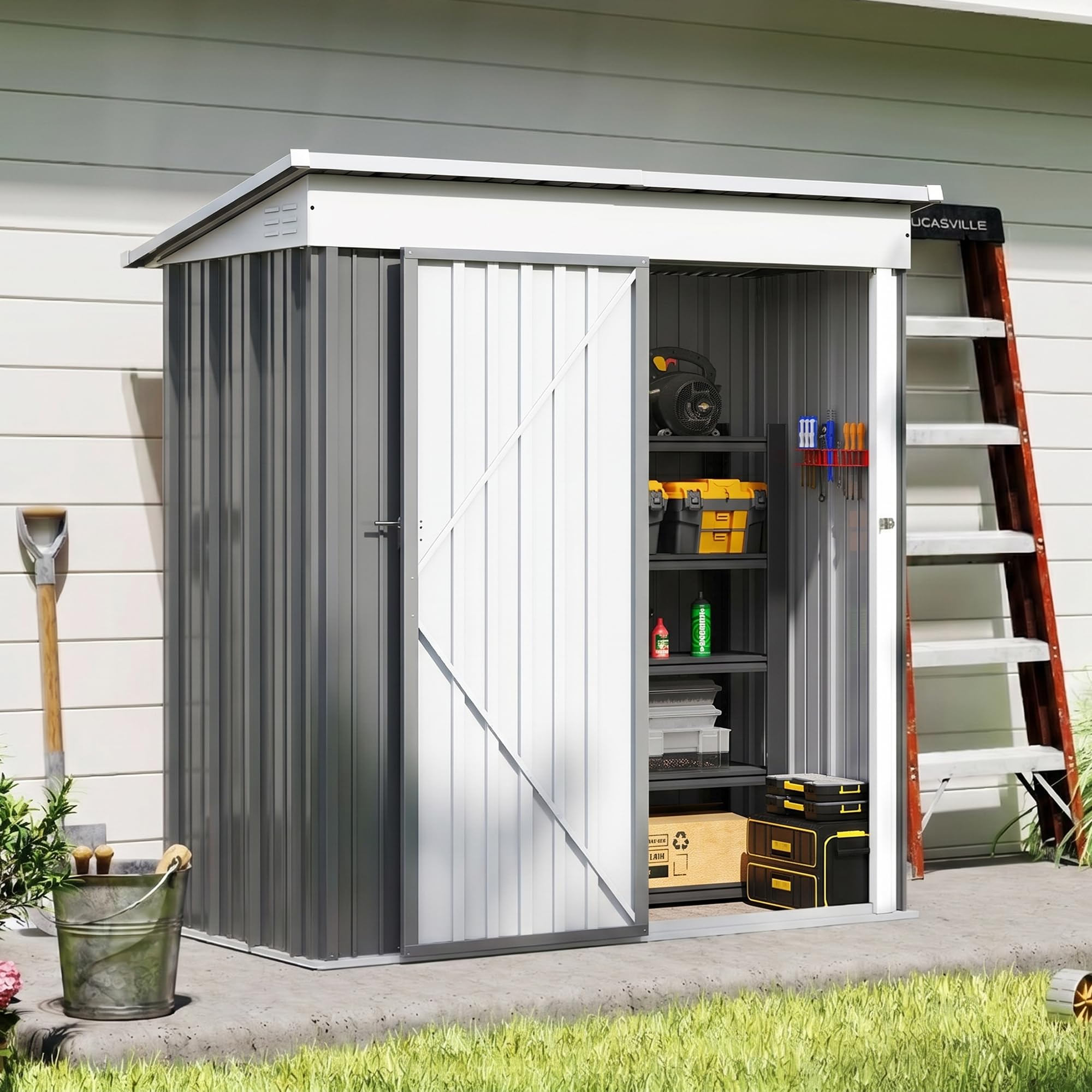 Amopatio Metal Garden Storage Shed 5x3 ft, Small Storage Shed 162x92x182 cm, Outdoor BikeShed Waterproof with Lockable Door for Winter, Backyard, Patio, Garbage Bin, Tools Grey