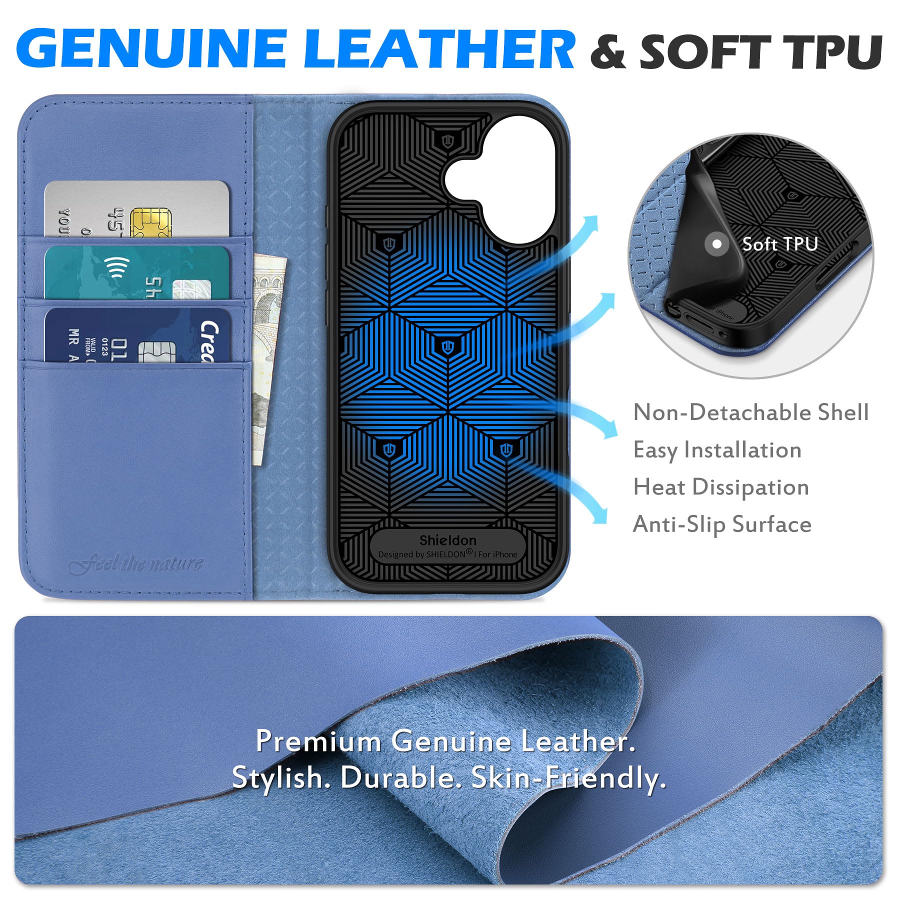 SHIELDON Funda de Cuero Genuino para iPhone 17 6,3 Pulgadas 5G 2025, Cartera [Ranuras para Tarjetas][Bloqueo RFID] Billetera Capa Protectora Leather Wallet Case, Púrpura Glicina
