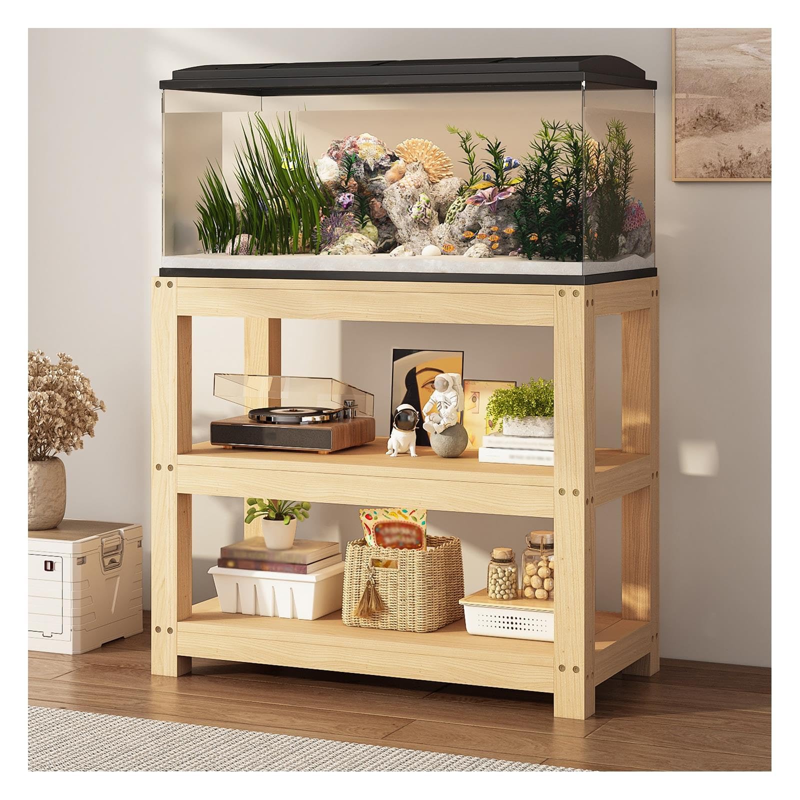 Base per Acquari, Supporto in Legno per Acquario | Legno Massello di Pino, Struttura a 3 Ripiani, Capacità di Carico 100 kg(90x30x70cm/35x12x28in)