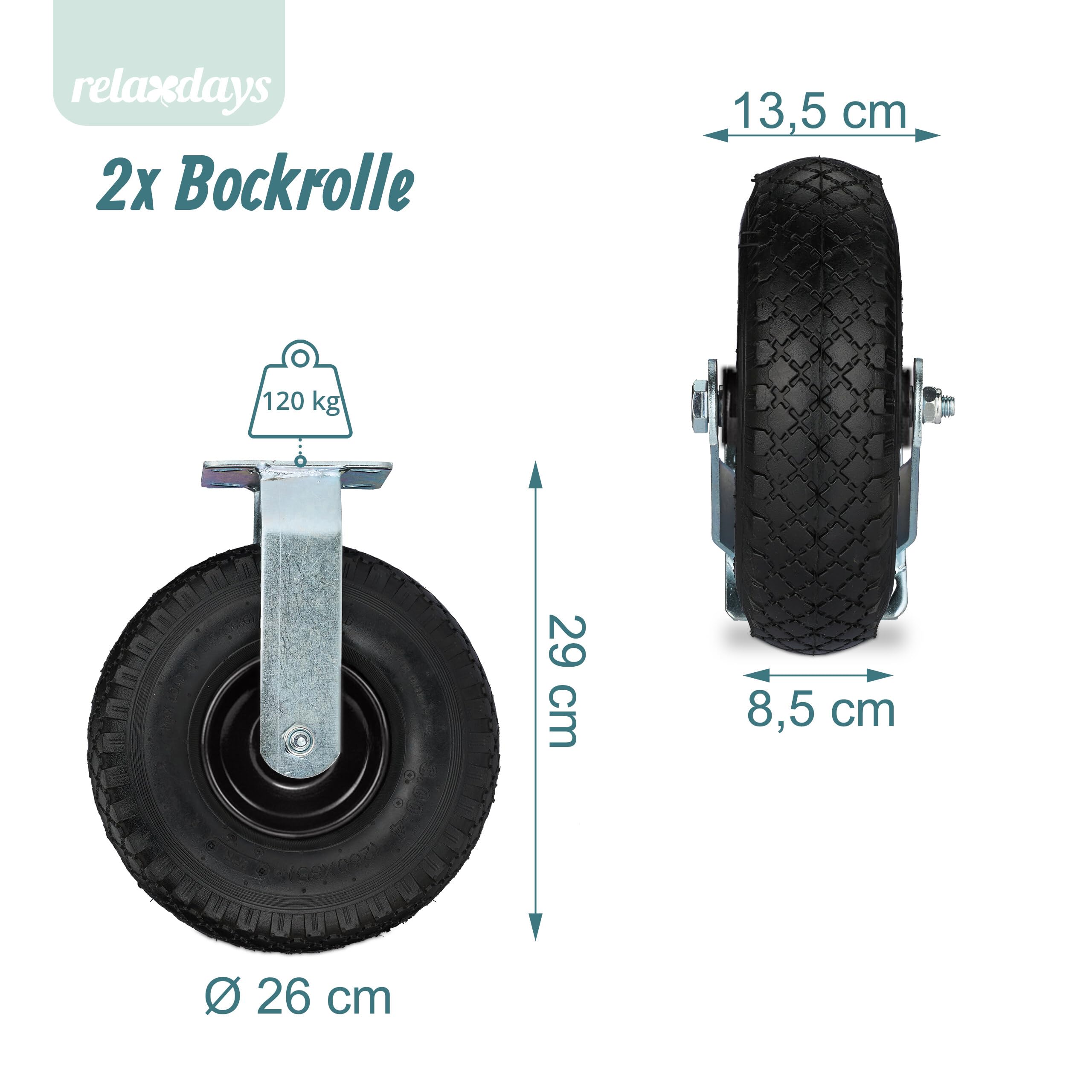 Relaxdays 2X Bockrolle + 2X Lenkrolle Set, luftbereiftes Schwerlastrad, 3.00-4, Transportrollen 120 kg, schwarz/Silber