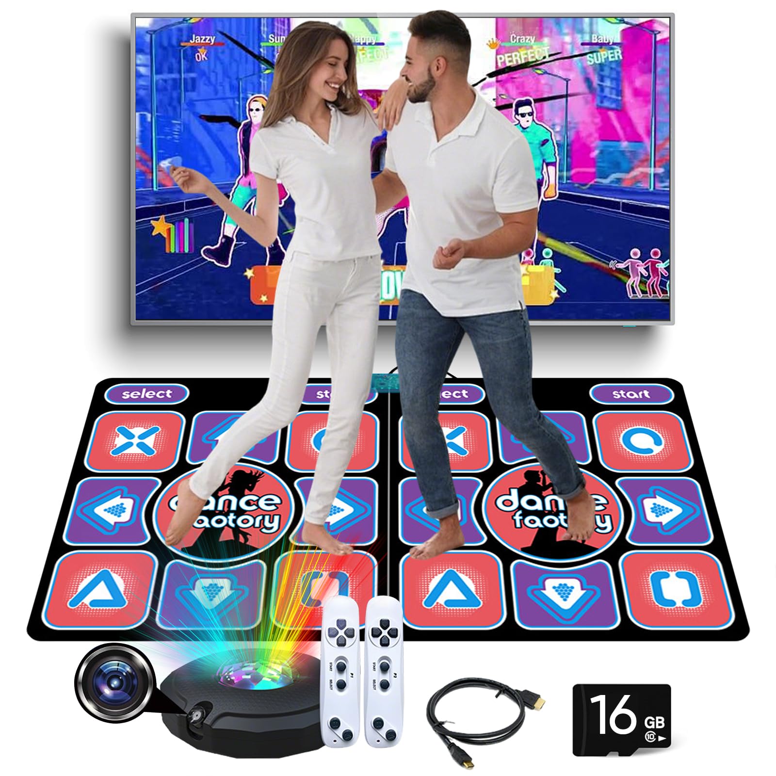 Tapis de danse HDMI avec caméra, pour TV, Tapis de Danse pour Enfants et Adultes, pour deux utilisateurs avec manette sans fil, 16 Go, Tapis de Jeu antidérapant, pour le fitness et la danse (A)