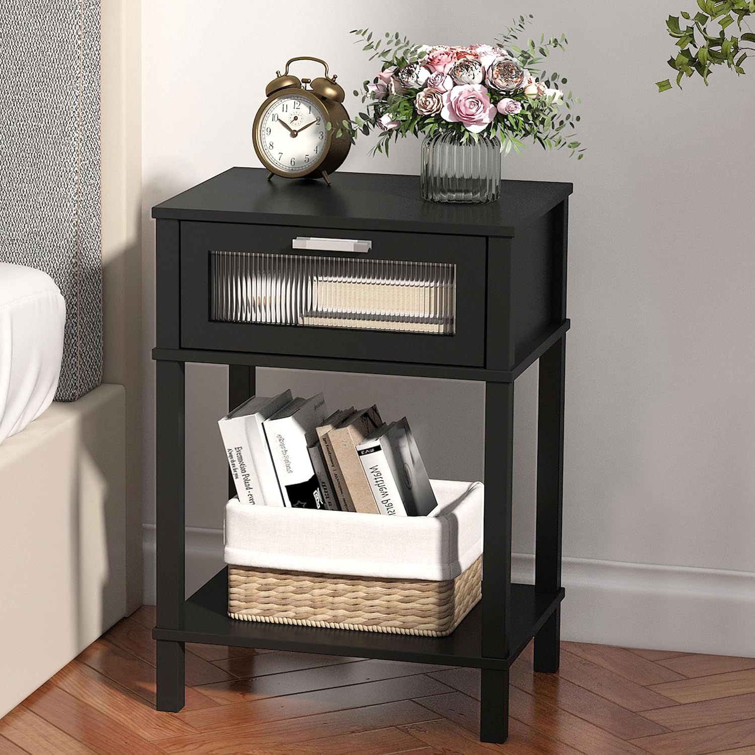 Nightstand Wooden Bedside Table with Drawer Black Night Stands Modern Style Small End Table Side Table with Storage Shelf for Bedroom Living Room MLBZ10B - Image 5