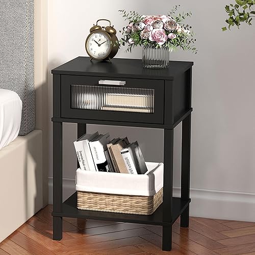 Miniatura 5 de Mesita de noche de madera con cajón, mesita de noche negra, estilo moderno, mesa auxiliar pequeña con estante de almacenamiento para dormitorio,
