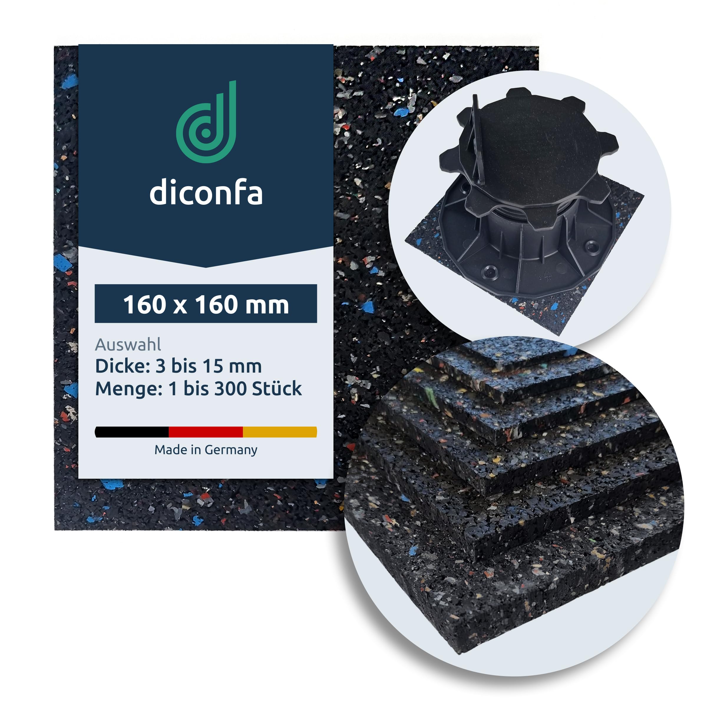 diconfa 70x tappetini per terrazze in granulato di gomma 160x160mm, 8mm - SPESSORE da 3mm a 20mm - QUANTITÀ da 1 a 300 pezzi - sottofondo per costruzione di terrazze su piedistalli - Sottostrato